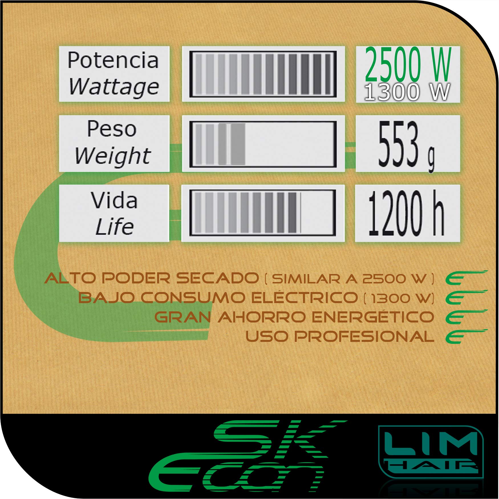 Secador de cabello LIM HAIR SK ECON. Made in SPAIN. Tecnología ECON que ahorra energía. IONIC TOURMALINE. Extra vida en uso intensivo.