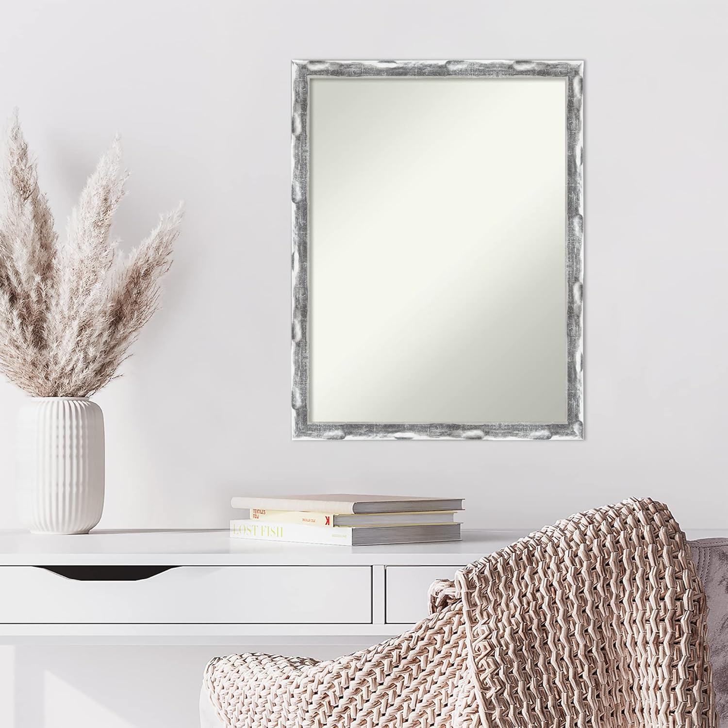 Amanti Art Silver Wall Mirror 26x20 Scratched Wave Chrome Rectangle Bathroom Mirror for Wall Decor Living Room, Medium Traditional Frame, Hangs Horizonally and Vertically, Bathroom Decor, Non-Beveled