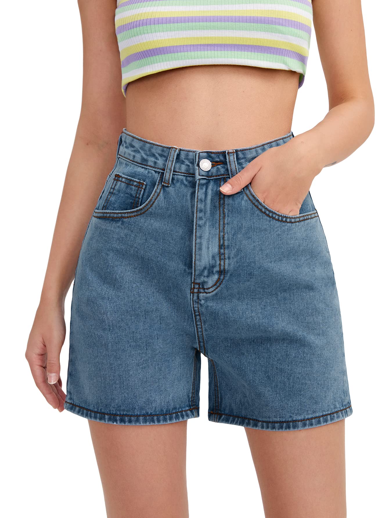 SweatyRocks Women's High Waist Straight Leg Denim Shorts Solid Jean Shorts Summer Hot Pants with Pockets