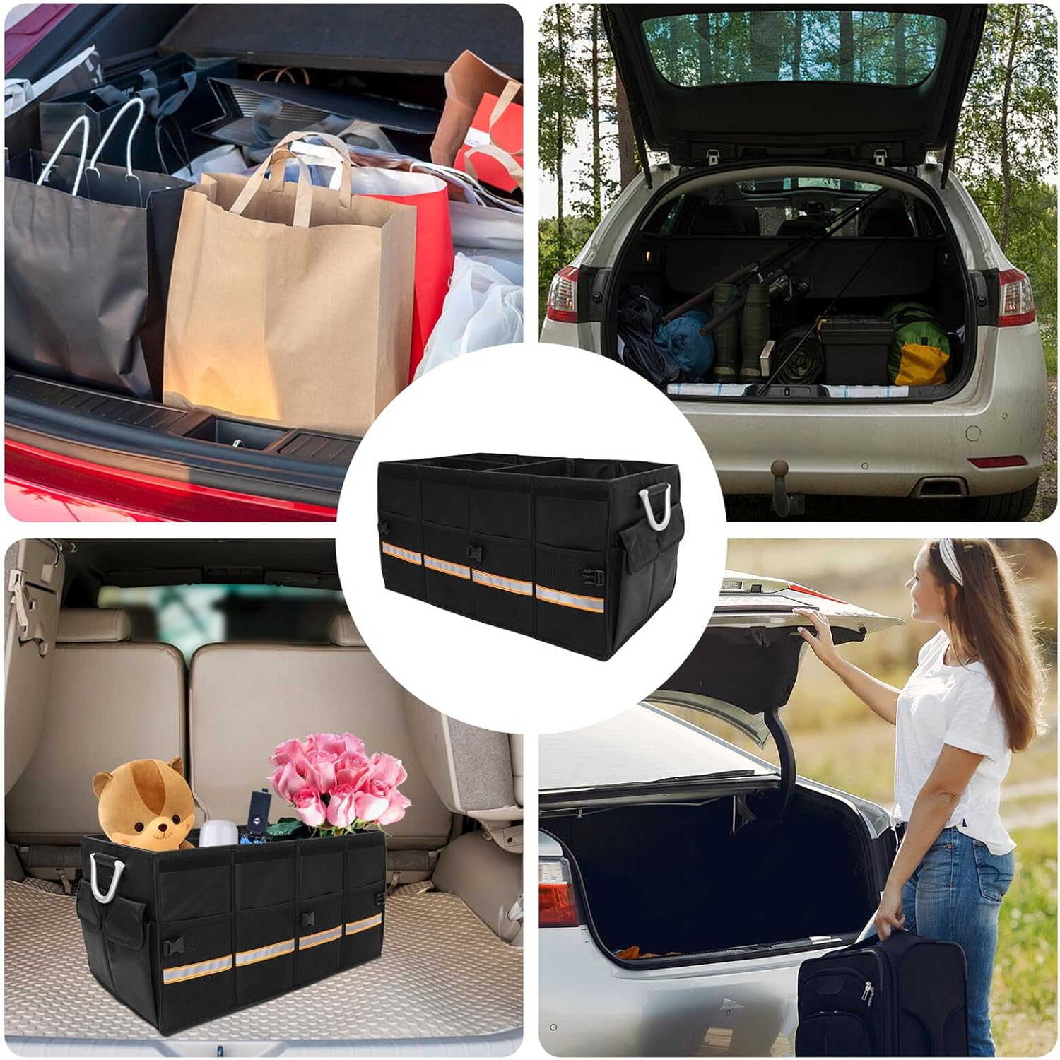 Large Car Trunk Storage Box Deep Black No Lid, Foldable Car Organizer Case for Suv and Sedan, Multipurpose Vehicle Sundries Holder and Automotive Trunk Organizer