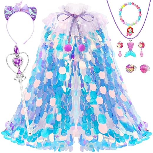 Princess Dress Up for Girls 4-6, Mermaid Toddler Toys for Ages 3-8, 8 Pcs Shiny Sequin Princess Cape Set Kids Toys for Easter Halloween Birthday Christmas Gifts Party Favors