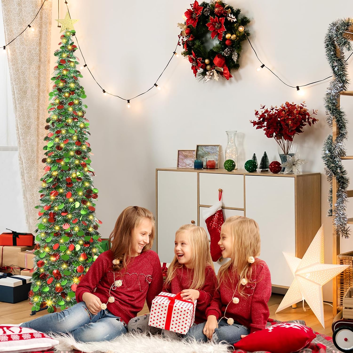 6 FT Pop Up Christmas Tree with 100 LED Timer Lights & Remote, Green Collapsible Christmas Tinsel Tree Artificial Pencil Tree Xmas Decoration for Holiday Home Office Party, USB Powered