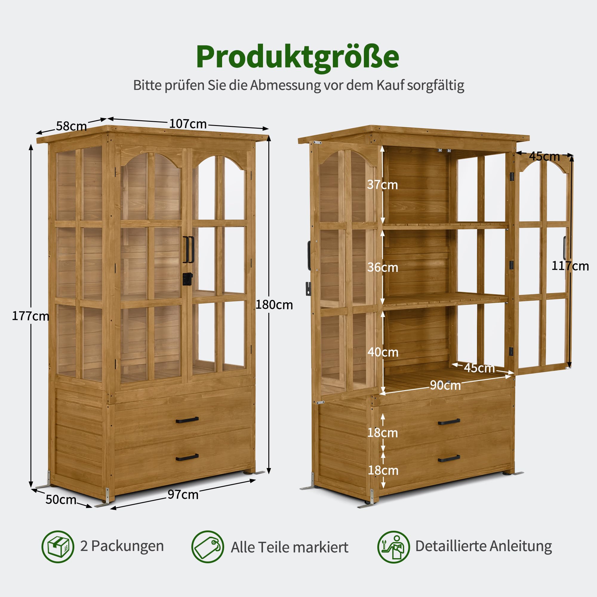 M MCombo Gartenschrank Gartenhaus Holz Wetterfest, Geräteschrank Gerätehaus Outdoor, für Außenbereich Balkon Terrasse, Gartenhütte mit 2 Bewegliche Regale, 58×107×180 cm, 1155 (Natur)