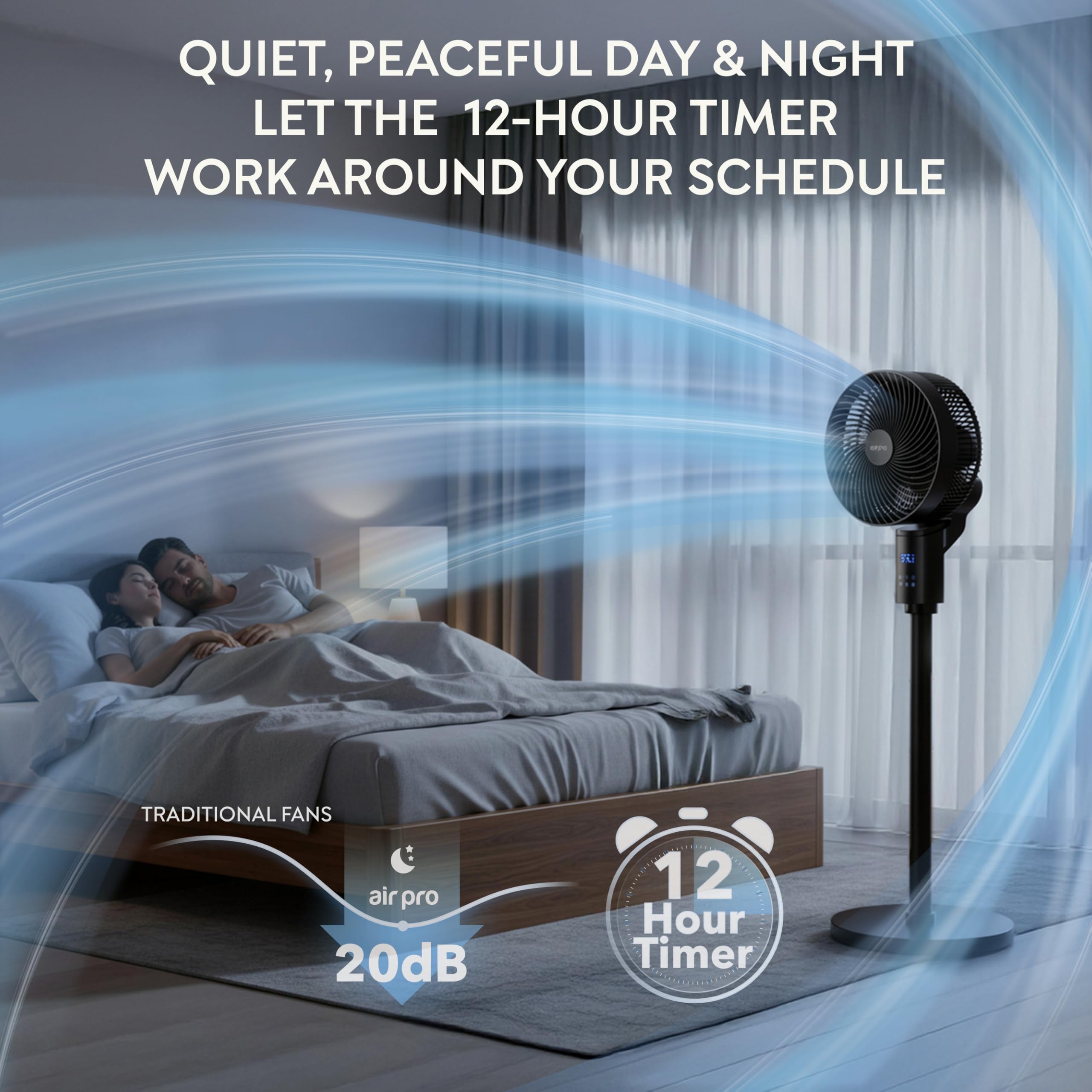 Air Pro 12" Pedestal Fan SmartVoice™ & Remote Control 3D Oscillation 12 HR Timer Quiet Copper Motor Air Cooling & Circulator Height Adjustable Fan- Small Fan with 6 Speeds 4 Modes Office Home Bedroom