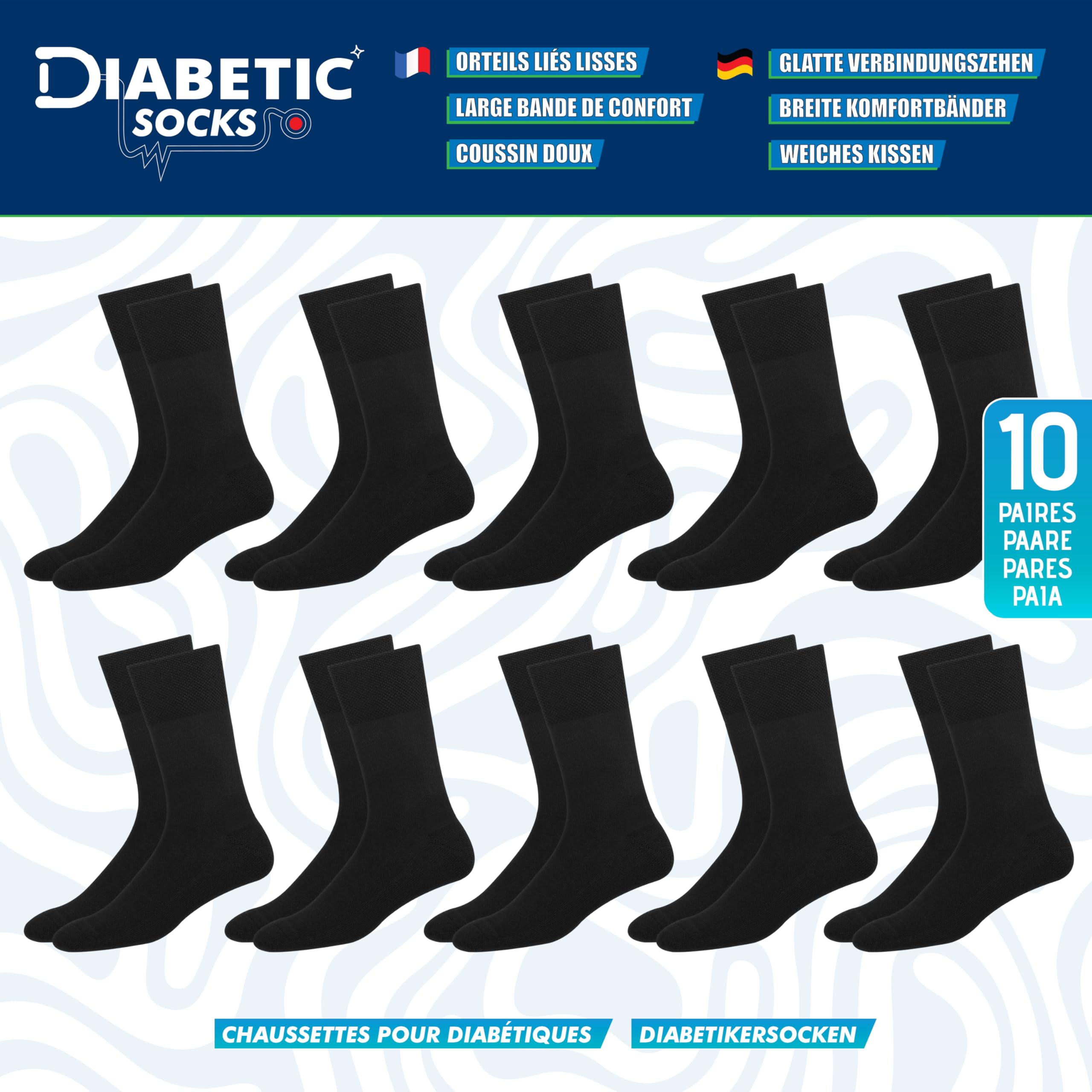 SOXCO 10 Paia Calzini diabetici per uomo, Calze Lunghezza a Polpaccio, Nero.