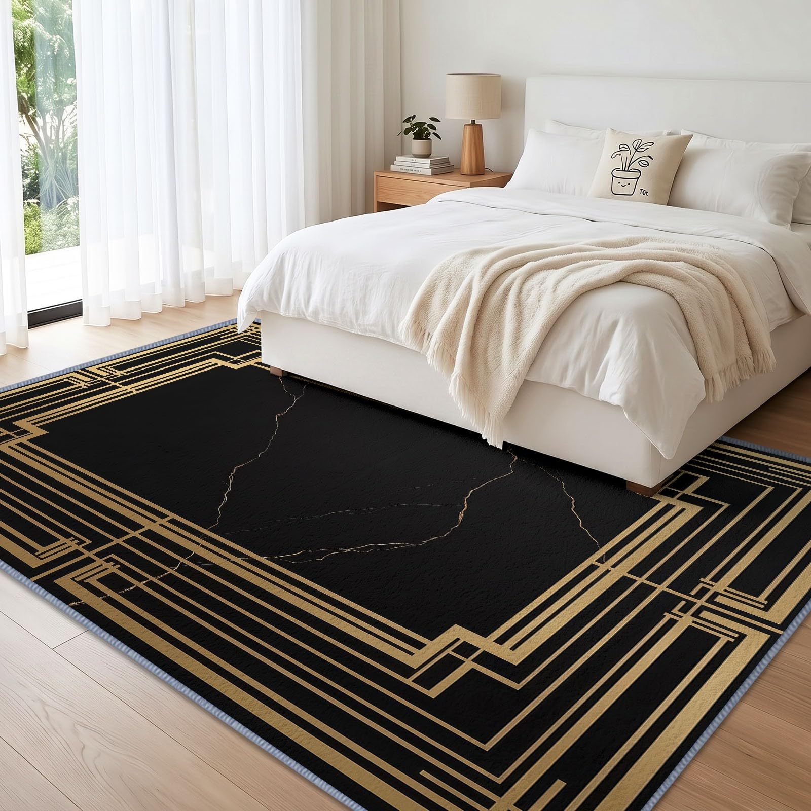 Luxe Moderne Grand Tapis Salon Antidérapant Lavable en Machine 180x240cm, Poil Ras Doux Bordure Marbre Noir Tapis pour Salle a Manger Bureau Cuisine Decoration Chambrel