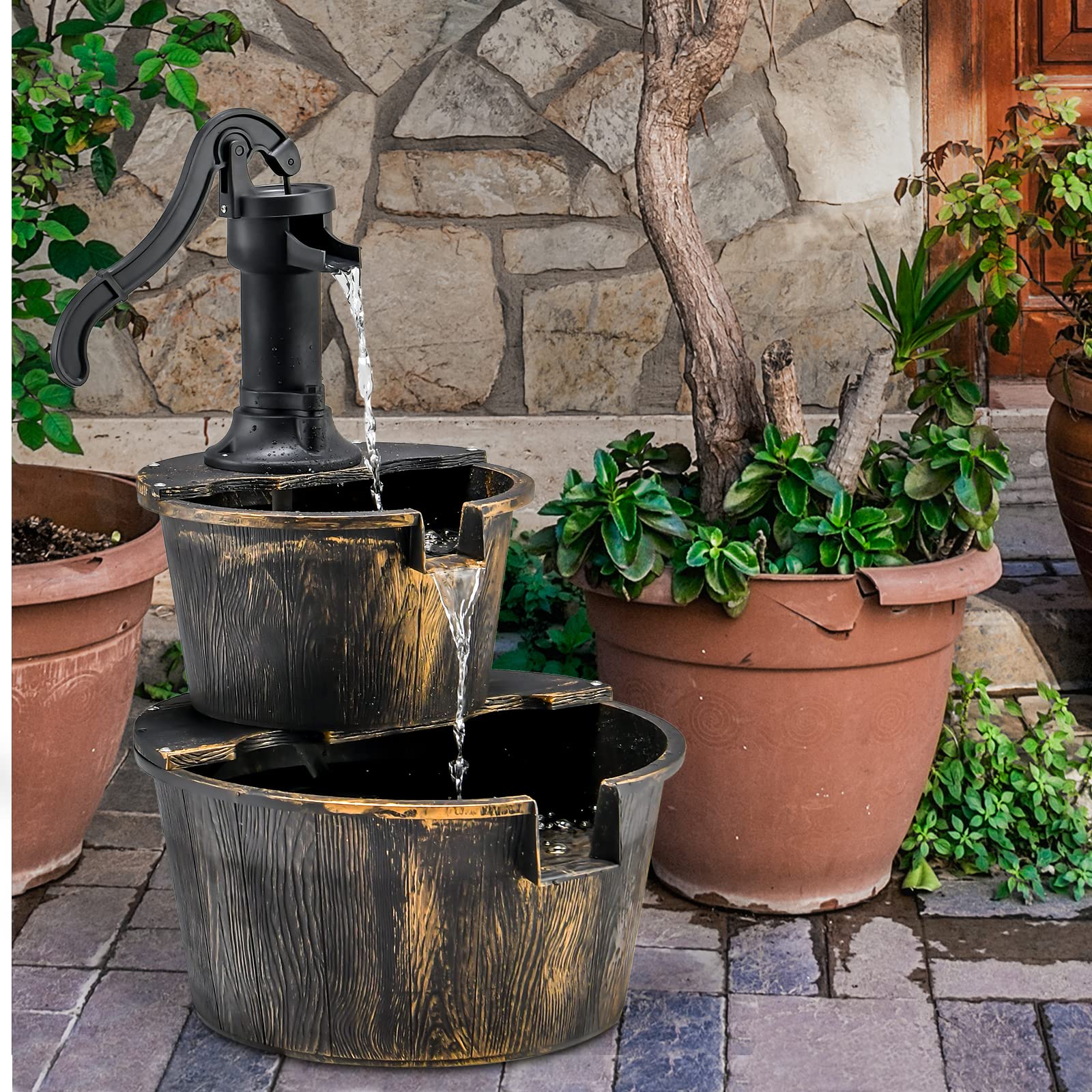 COSTWAY Fontana da Giardino, Fontana da Esterno a 2 Livelli con Pompa Regolabile e Ricircolo di Acqua, Fontanella per Giardino Prato e Terrazza, 45,5 x 41 x 68 cm, Bronzo Antico