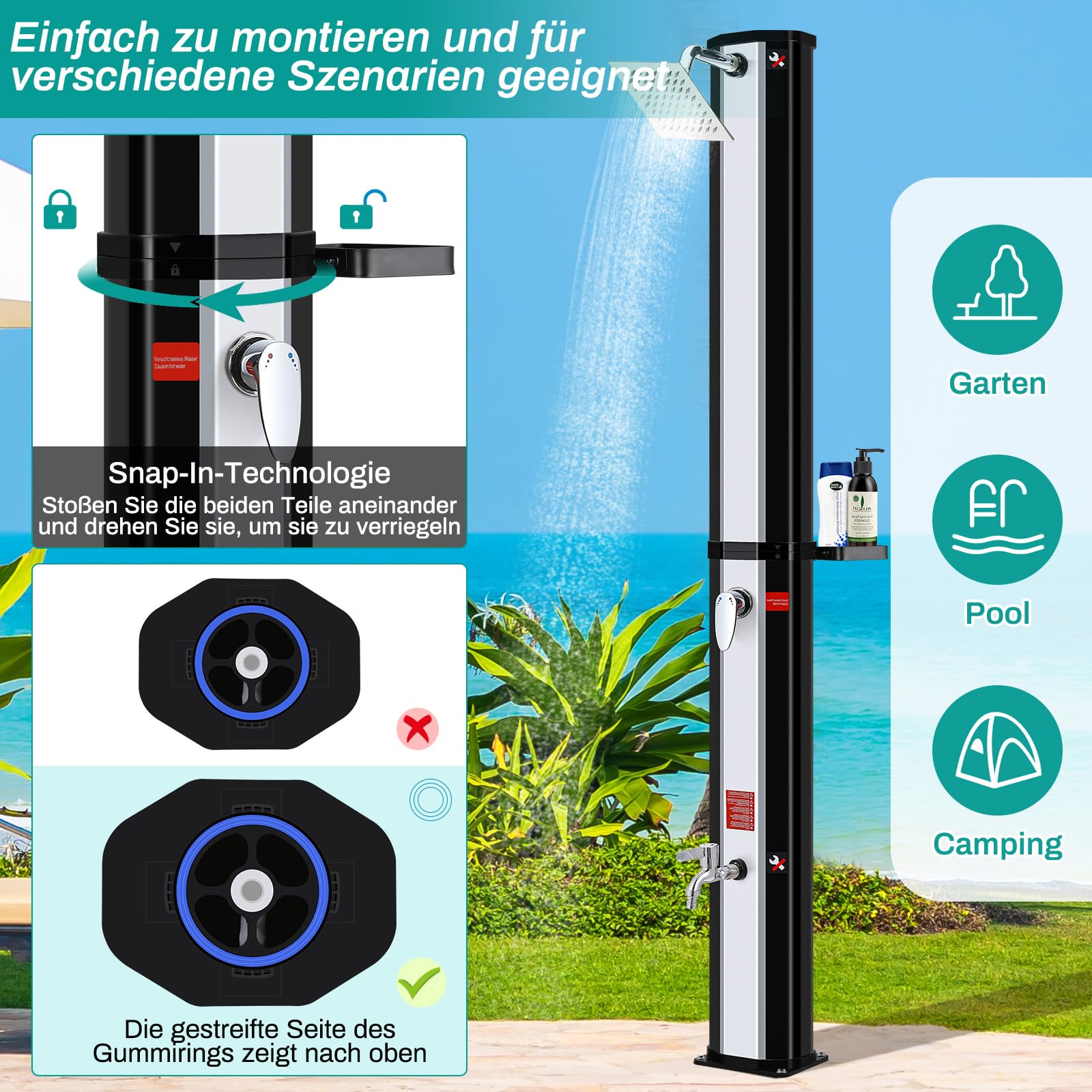 Solardusche 35 L, Gartendusche Warmwasser bis 60°C, mit Regenduschkopf, Wasserhahn, Seifenkiste & Schutzhaube, 4PCS Bodennägel, Pooldusche Camping für Garten, Balkon & Pool, ohne Stromanschluss