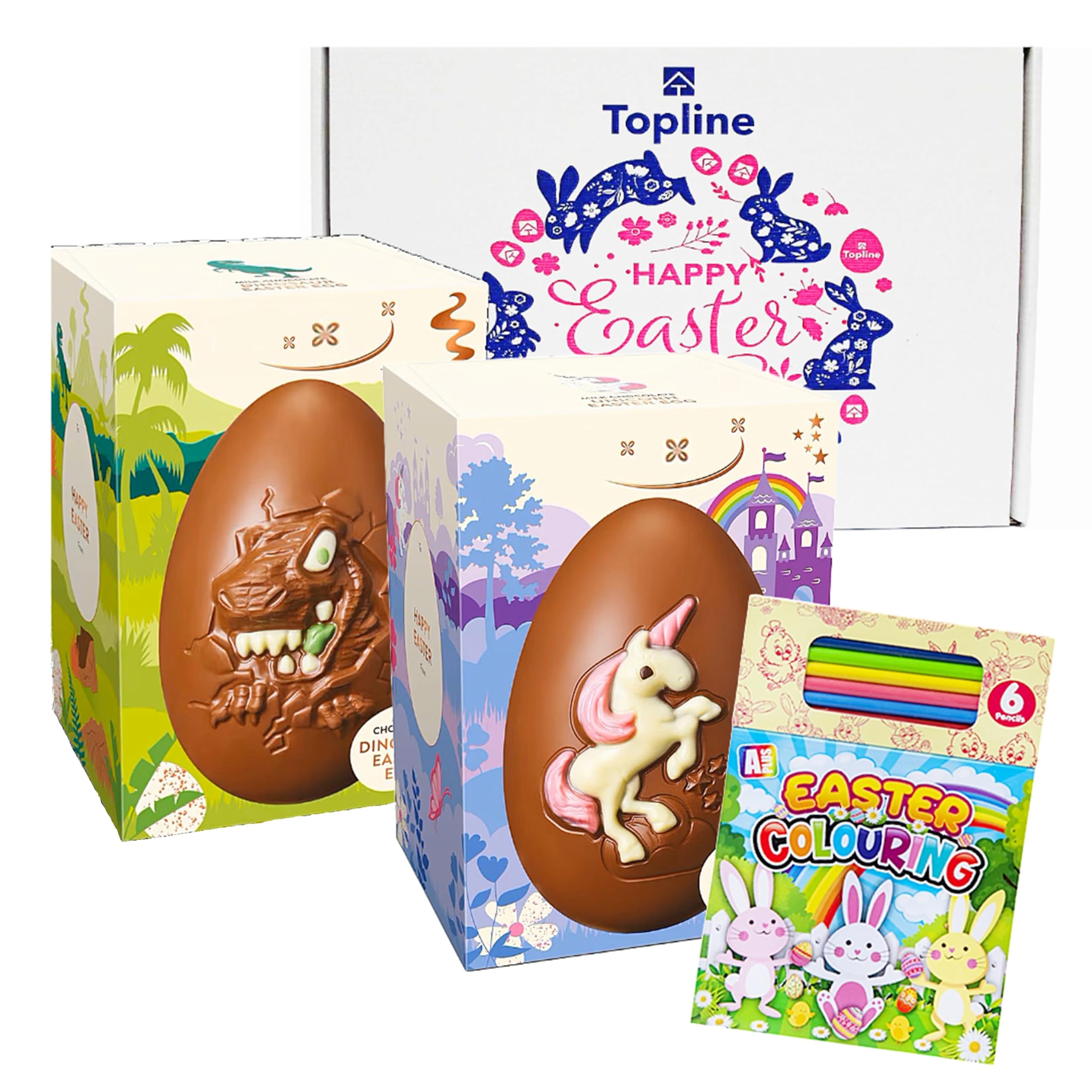Easter Chocolate Eggs for Easter Gifts - Milk Chocolate Unicorn & Dinosaur 151g Easter Eggs Hamper with Colouring Book. Great Sweets Gift Box for Kids, Egg Hunt