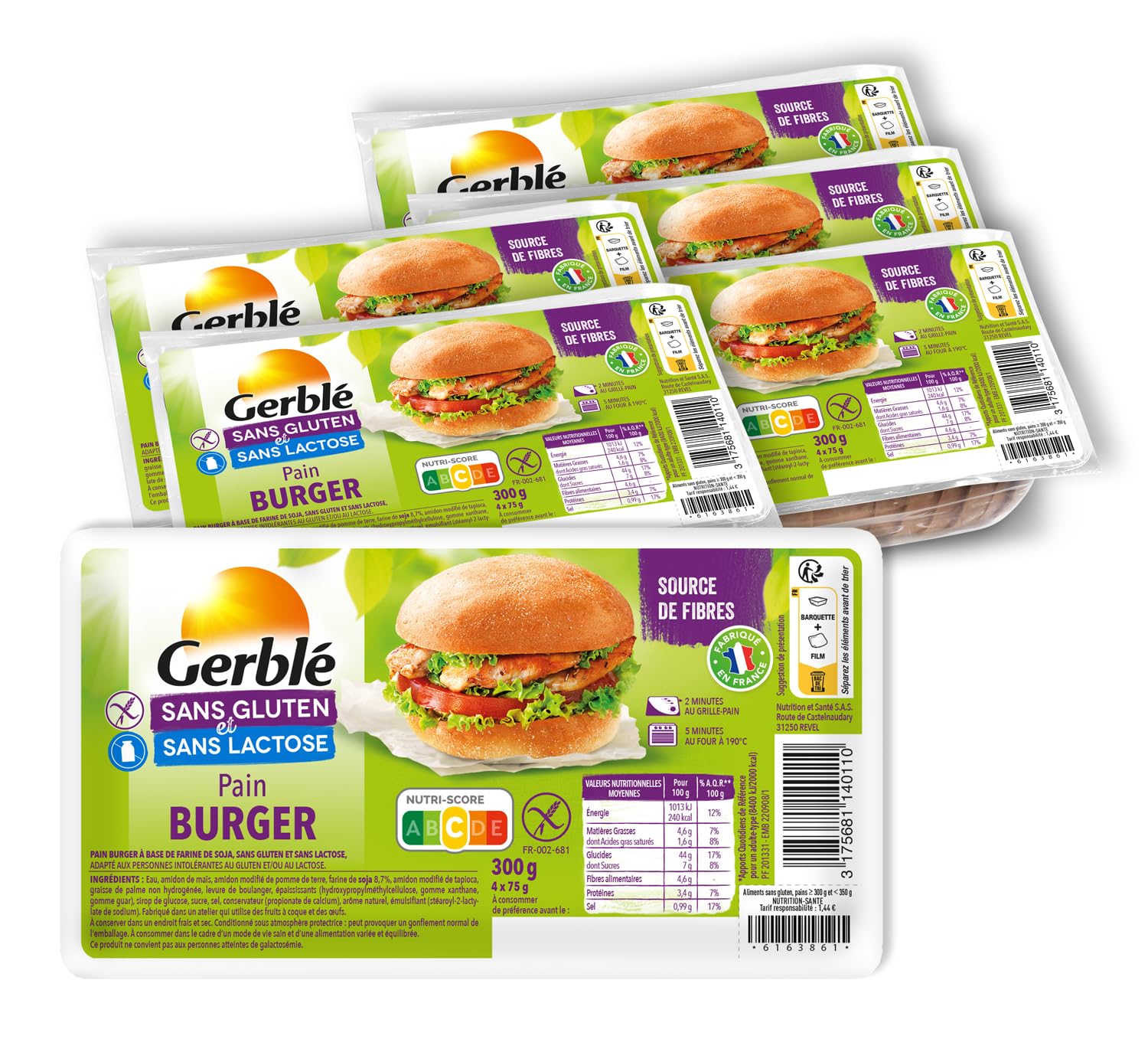 GERBLÉ – Pains Burger Sans Gluten & Sans Lactose – 4 Pains Moelleux Individuels, Riches en Fibres – Idéal pour Sandwich & Burger – Lot de 6 – 350 g