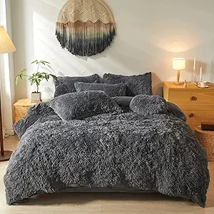 Faux Fur Fluffy Dark Grey Comforter Cover Twin Set – Plush Faux Fur Dark Grey Bedding 2-Piece Set (1 Furry Duvet Cover + 1 Shaggy Pillow Sham) Cozy Bed Set
