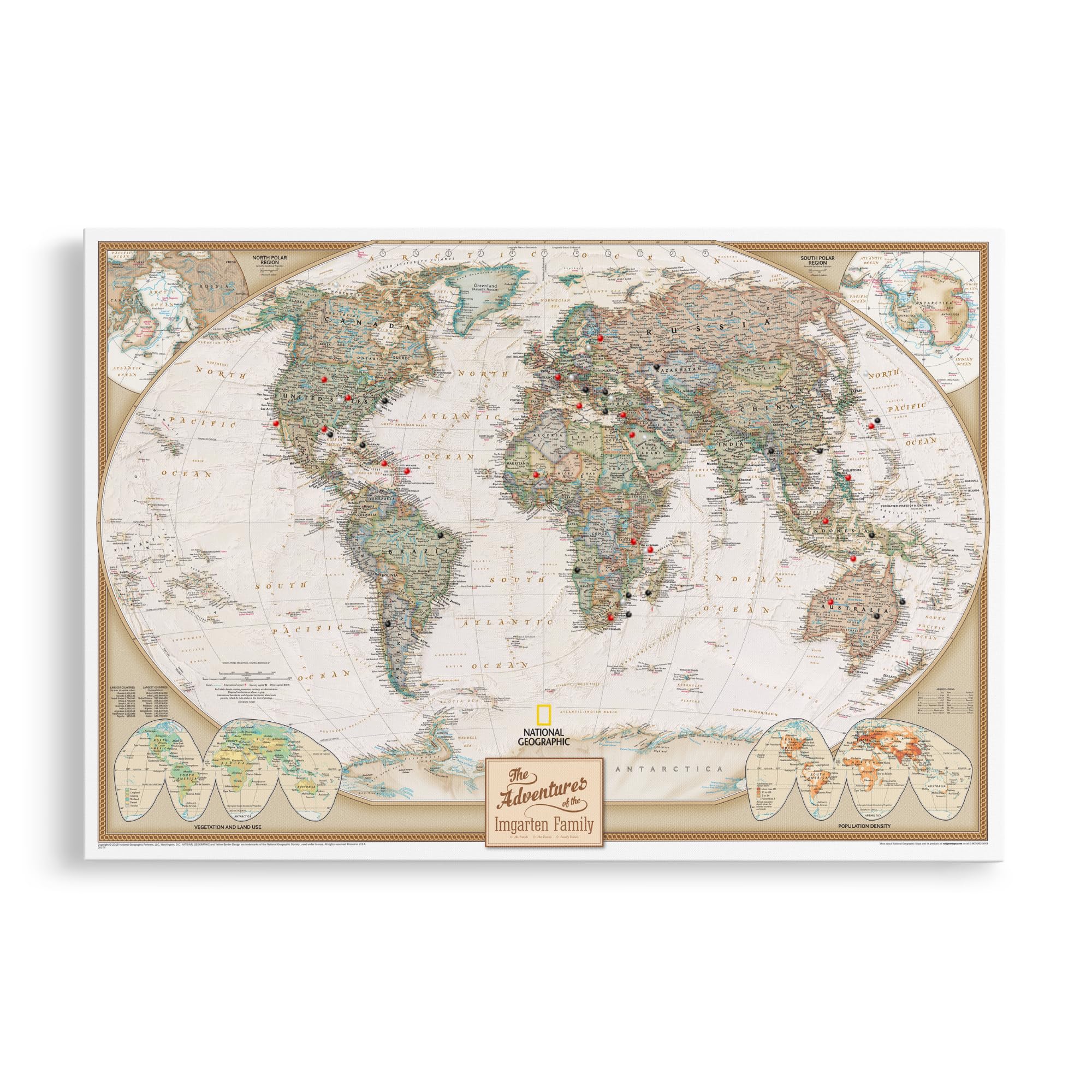 Executive World Map with Pins – Detailed National Geographic Canvas Travel Map – Extra Large Modern Frameless Wall Art – Gallery Wrap – 34" x 51"