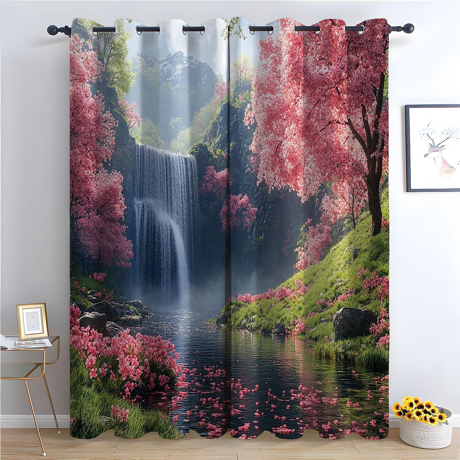 TERUEA Picture Curtains Anti Mould Proof Resistant Pink cherry blossom waterfall floating petals clear pond Curtains Mould Proof Resistant-42 W x 63" L (Pack of 2)
