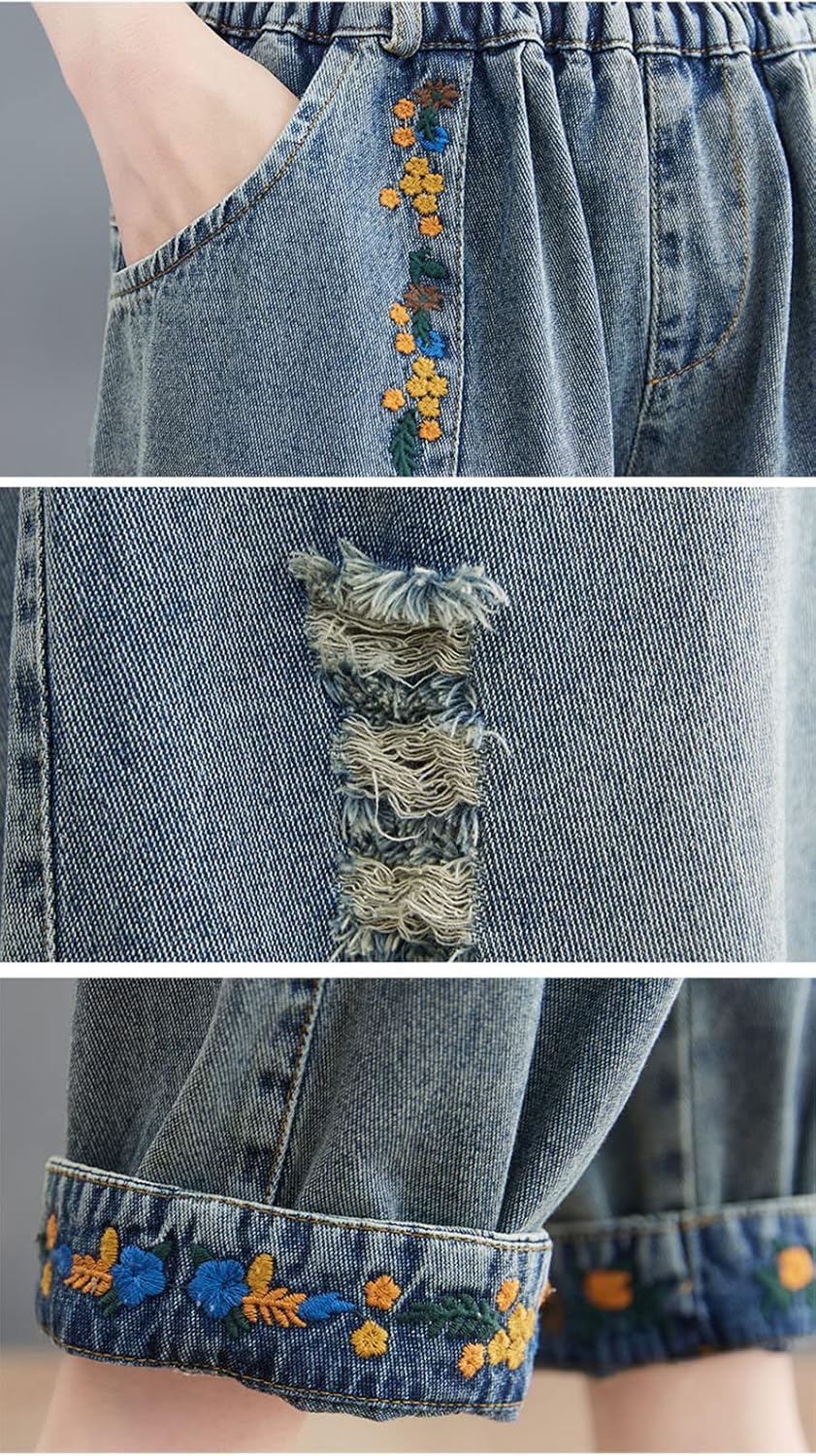 HALITOSS Women's Distressed Denim Jeans Elastic Waist Harem Cropped Pants Casual Ankle Length Trouser - Image 7