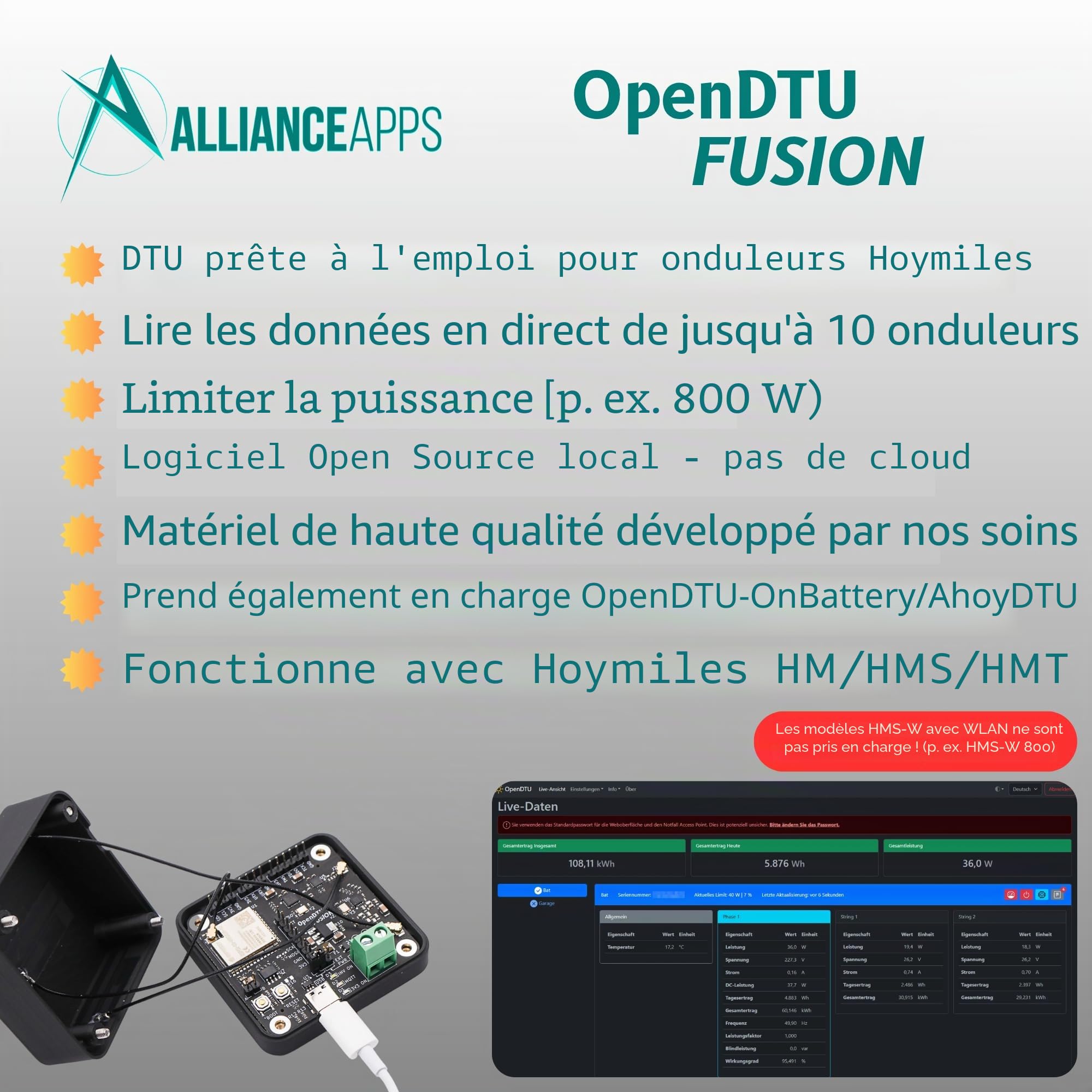 OpenDTU Fusion compatible avec les onduleurs Hoymiles pour la série HM/HMS/HMT - Lecture de la centrale électrique de balcon - USB-C, ESP32-S3, NRF24L01+, CMT2300A, antennes internes