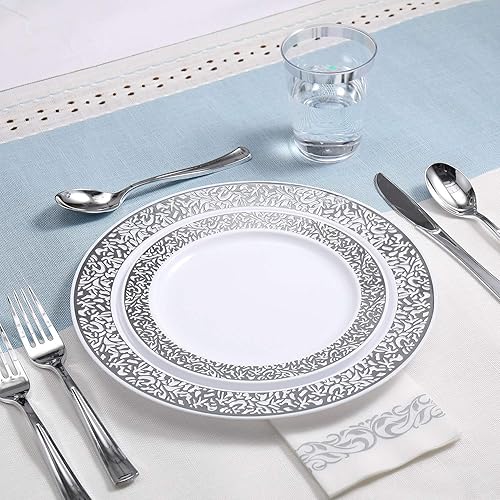 Miniatura 4 de FOCUSLINE Juego de vajilla plateada de 175 quilates para 25 invitados, platos de plástico con diseño de borde de encaje plateado, incluye 25 platos