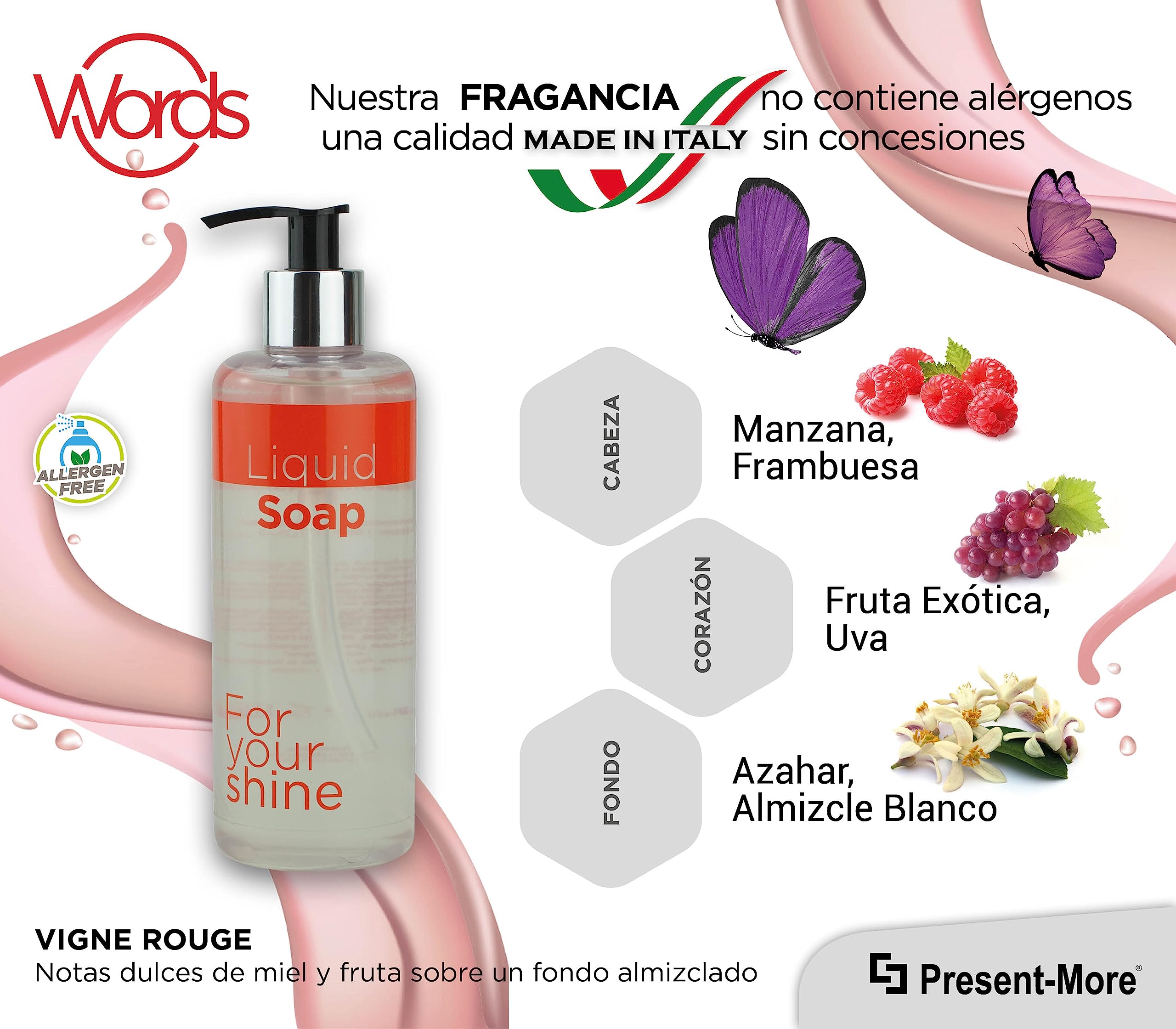 Present-More Jabon manos 300ml Words - Jabon líquido 15 unidades para Hoteles y B&B | Jabon líquido sin alérgenos con fragancia Vigne Rouge