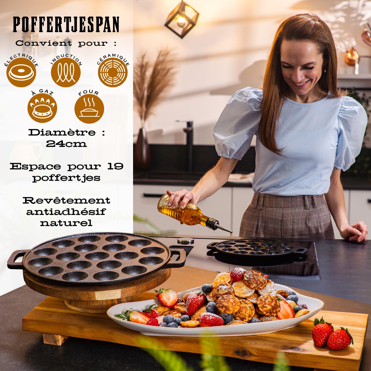 IRONO Poêle à Pancakes - Poêle à Mini Crepe en Fonte - 19 Mini Crêpes