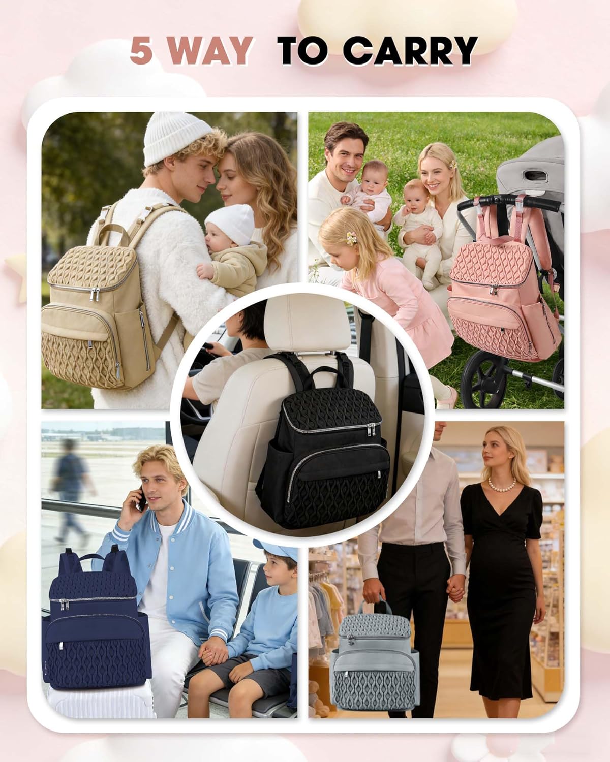 Baby Diaper Bag Backpack, Expandable Baby Bag for Girl Boy, Travel Diaper Backpack with Insulated Pocket, Changing Pad, Quilted Diaper Bag for Mom Dad, Newborn Baby Essentials Must Have Black - Image 6