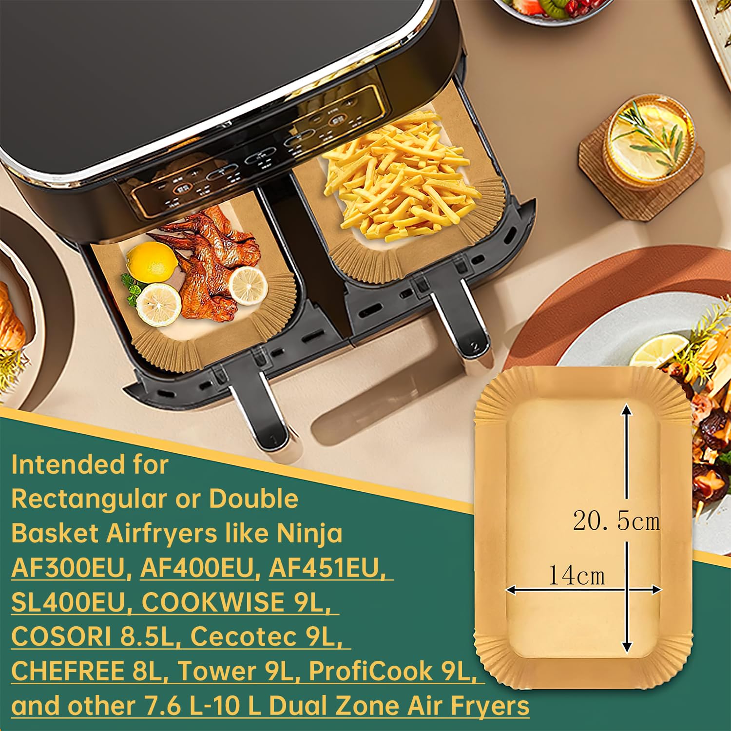 Fogli Carta Forno Rettangolari per Friggitrice ad Aria Doppio Cestello 20,5x14cm 100 Pezzi Compatibili Ninja Dual Zone