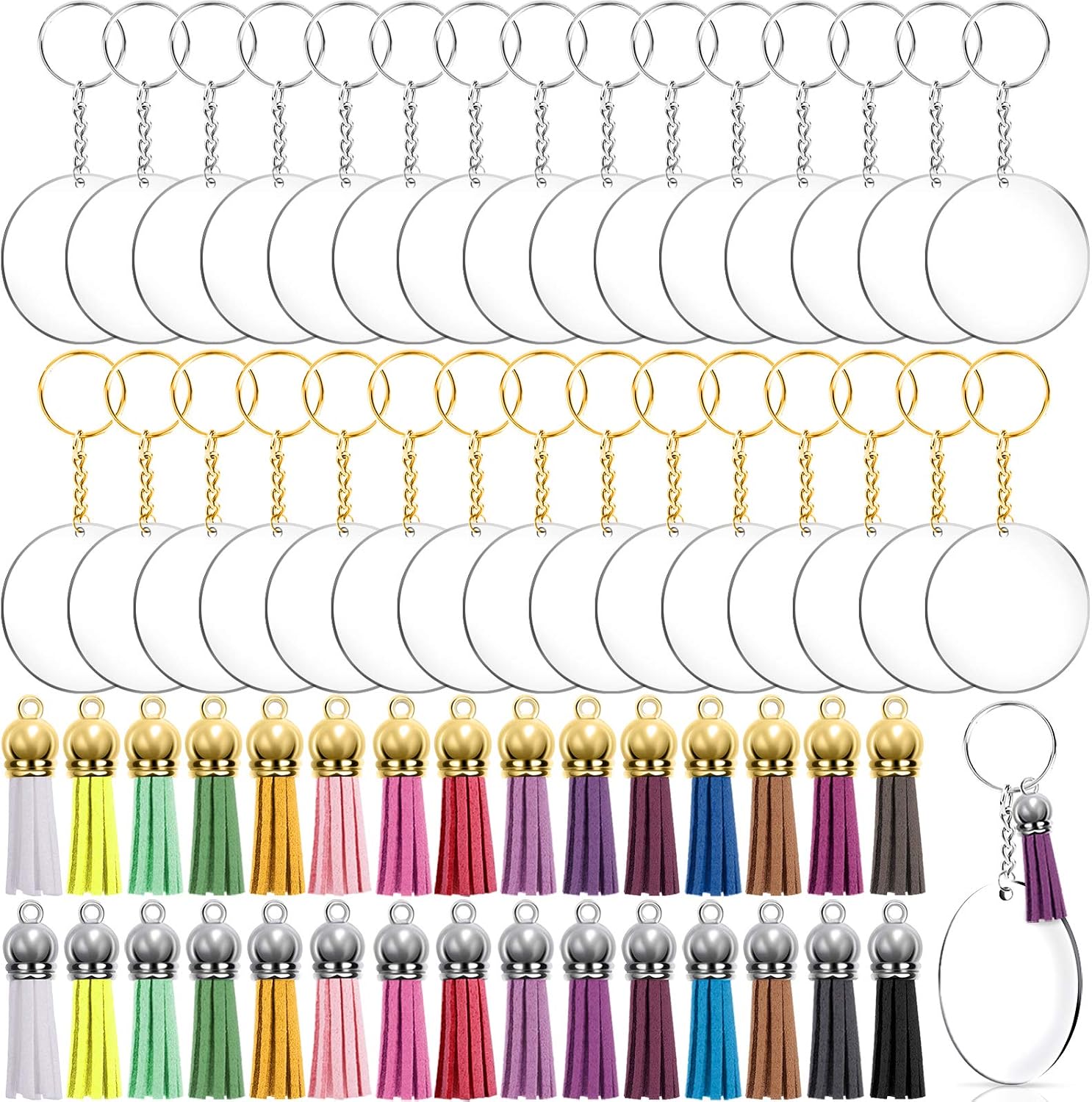 Duufin 120 Pcs Acrylic Keychain Blanks Set Including 30 Pcs Clear Acrylic Ornaments Blank 30 Pcs Key Rings with Chain 30 Pcs Keychain Tassels and 30 Pcs Jump Rings