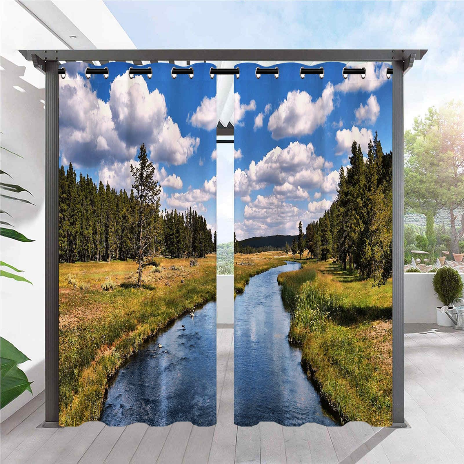 ANHOPE Outdoor Curtains Waterproof Eyelet Ring Top Drapes Nature Landscape Forest River Print Pattern Privacy Outside Curtains for Garden Patio Gazebo Pergola 2 Panels W 52" x L 108"
