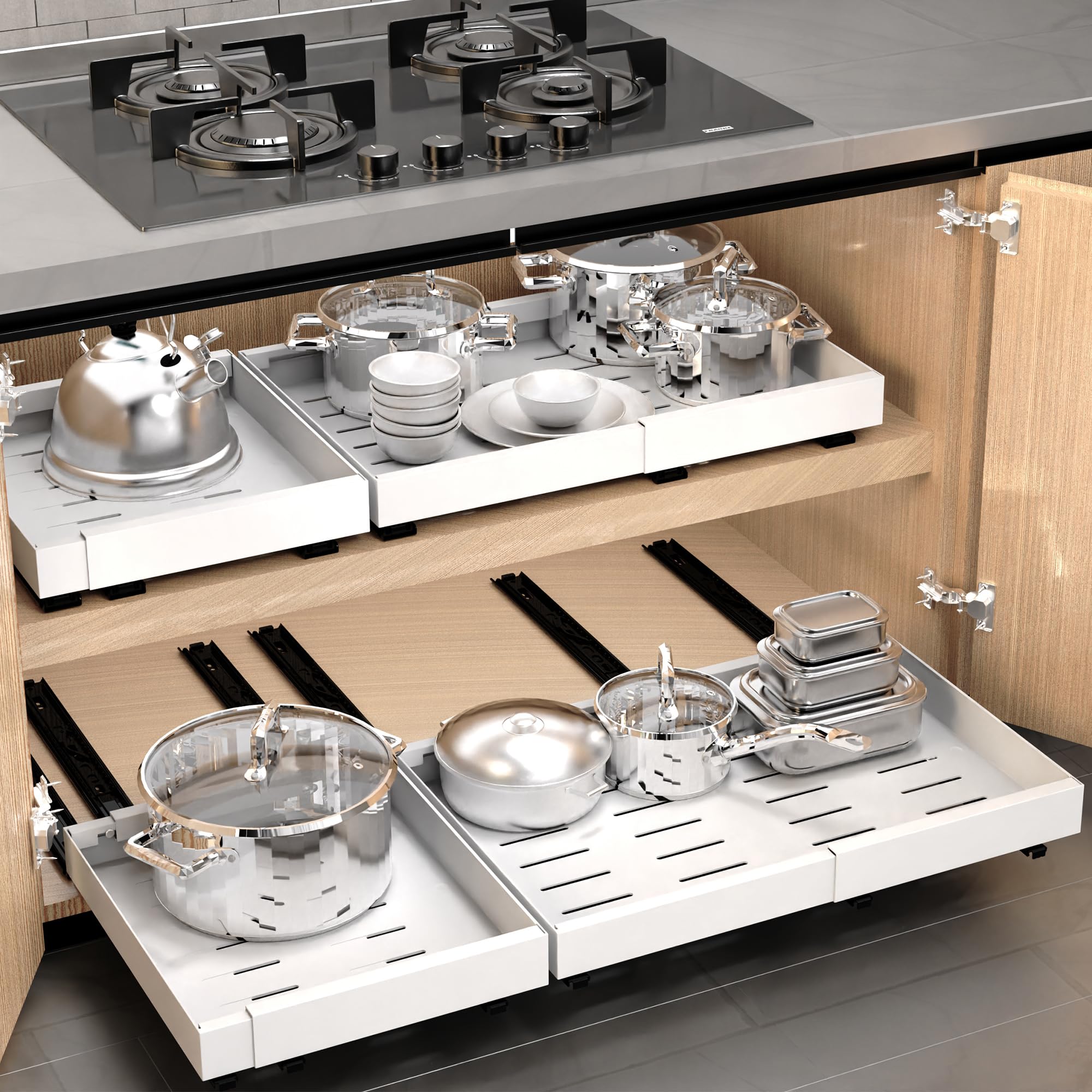 WISD Organizzatore per armadietti estraibile regolabile (32 cm - 48 cm) - Scaffale scorrevole con 3 guide, cassetto estraibile per cucina, dispensa, bagno (bianco, confezione da 2)