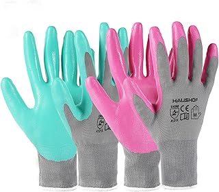 HAUSHOF 6 Pairs Garden Gloves for Women, Nitrile Coated Working Gloves, for Gardening, Restoration Work, Pink & Green, M