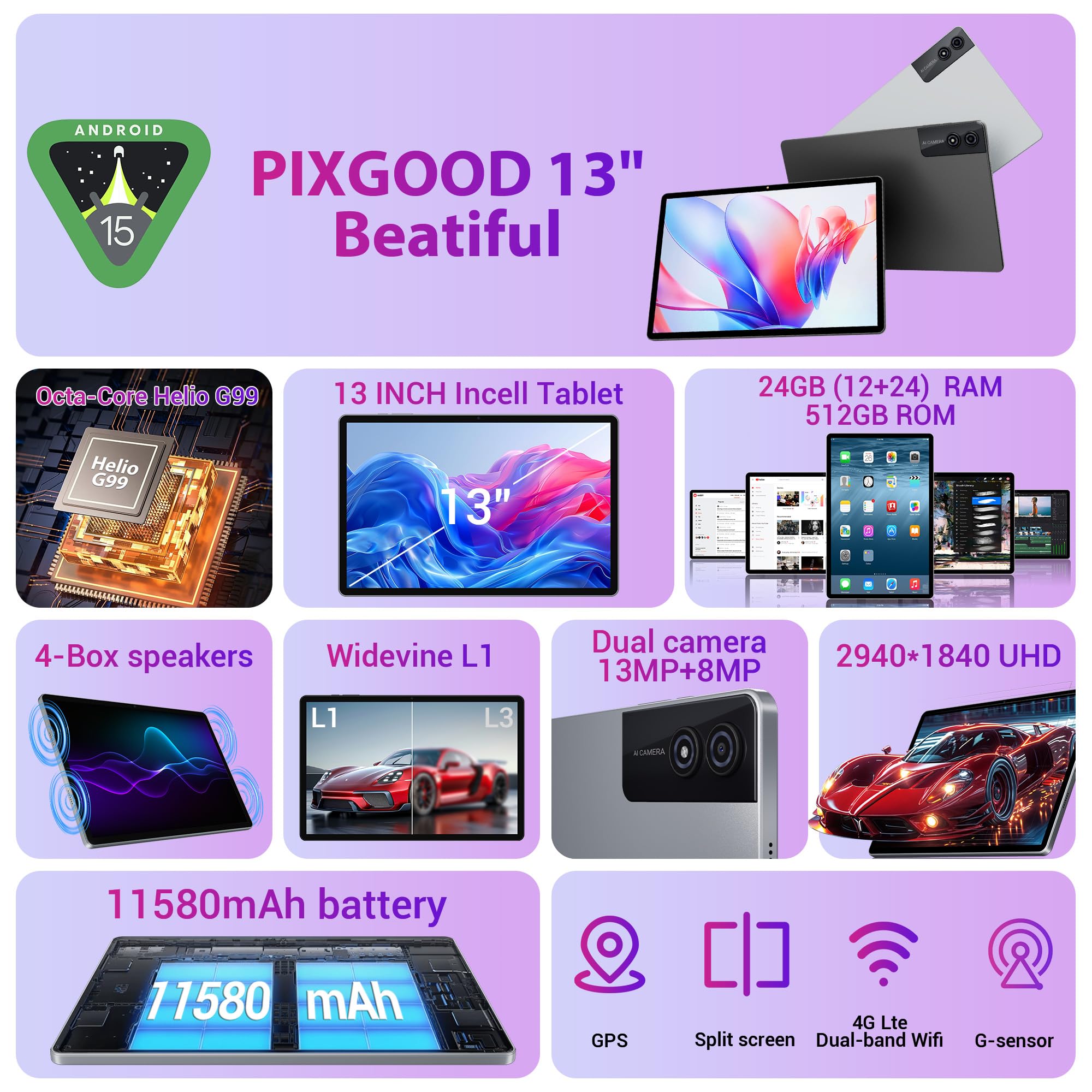 3K Tablette 13 Pouces avec Android 15, 36GB RAM, 512GB ROM (Extension 2TB), 4G Lte丨5G WiFi, 2940*1840UHD, 11580mAh, G99 2.2GHz, 13MP+8MP, Tablette Tactile avec Clavier丨GPS丨4 conférencier(Gris)