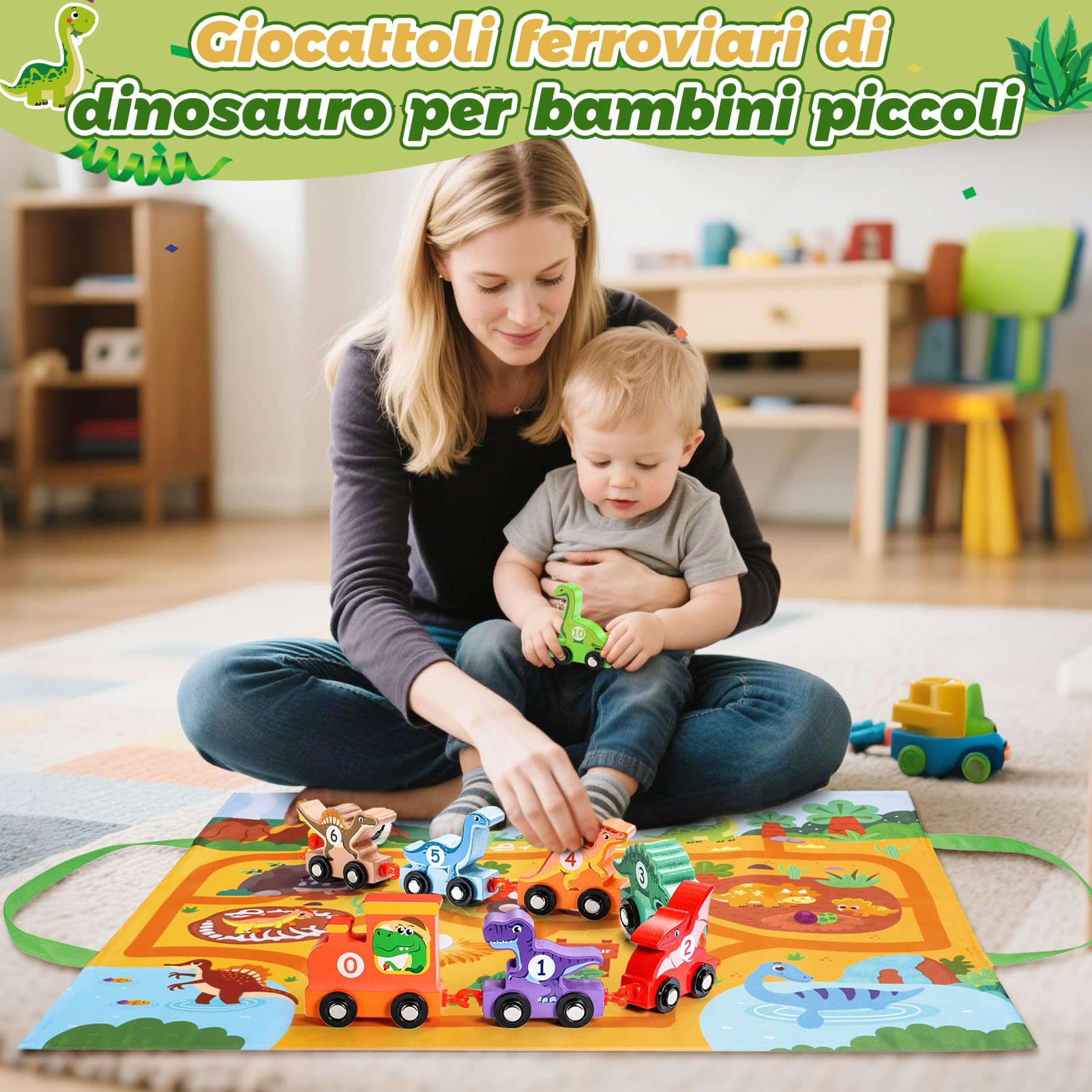 Anginne Giochi Bambini 1 2 3 Anni, Trenino di Legno Dinosauri, con Tappetino per Riporre i Giochi, Regalo Bambino 1 Anno Maschio Gioco Bambino 1-4 Anni - Giocattoli Dinosauri per Bambini