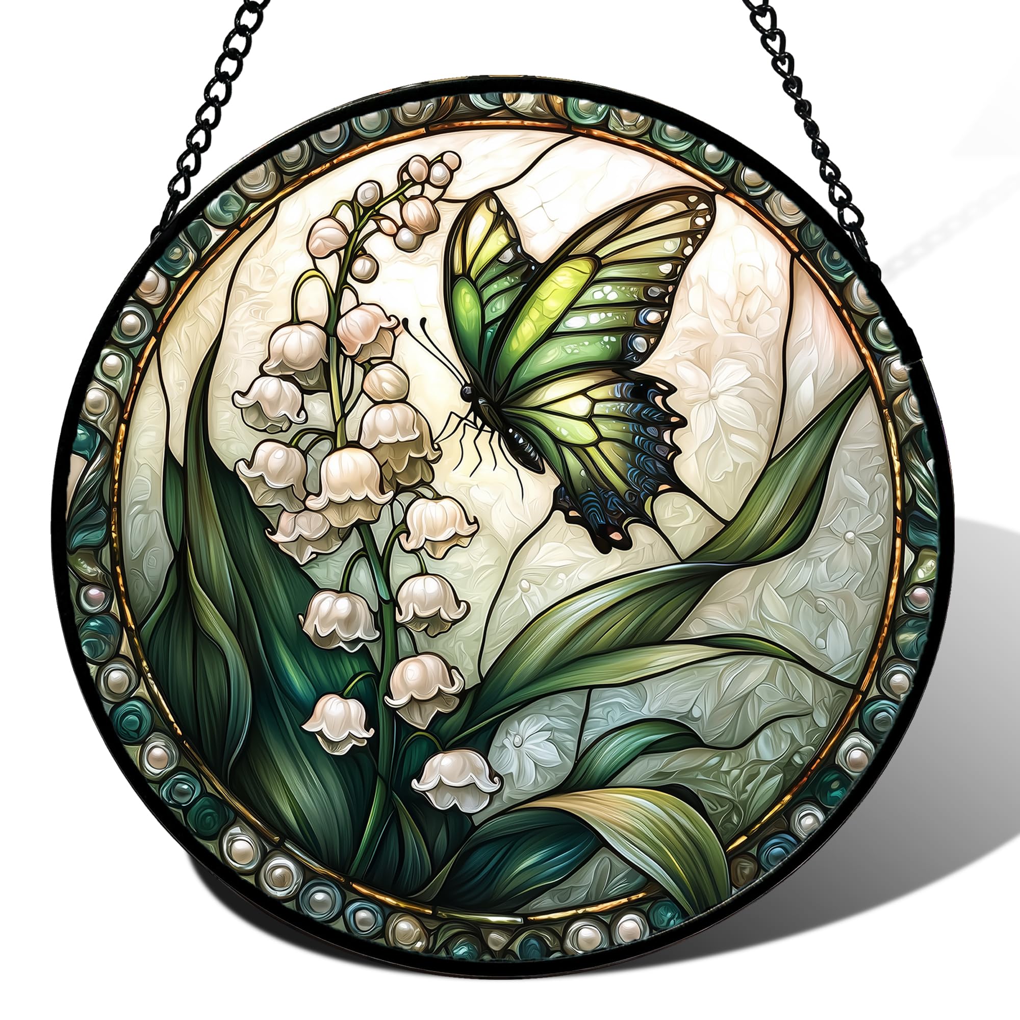 Butterfly Lily of the Valley Stained Glass Window Hanging Gifts Decor 15"