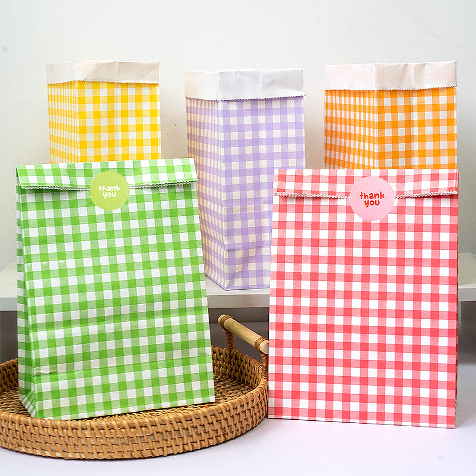SIMSHOTUS 40 Pack Party Favor Bags with Stickers Gingham Birthday Goodie Bags 5.9 x 3.2x 9 Inches,Spring Picnic Rainbow Treat Bags,Baby Shower,