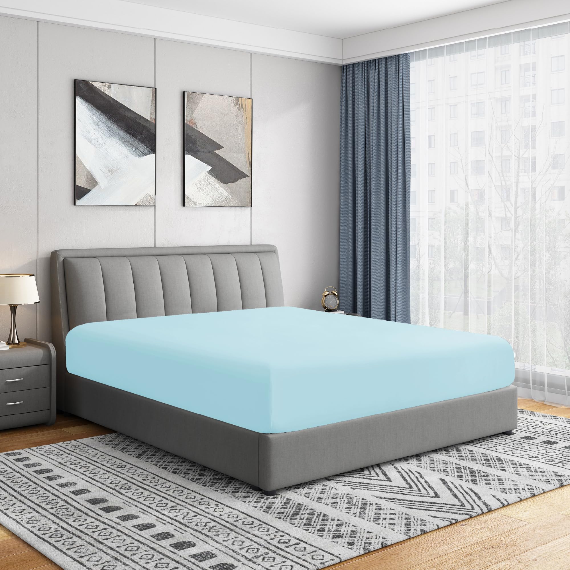 Cathay Home Luxury Wrinkle And Fade Resistant Double Brushed Ultra Soft Microfiber 14-inch Standard Pocket Single Fitted Sheet, Aqua, Queen