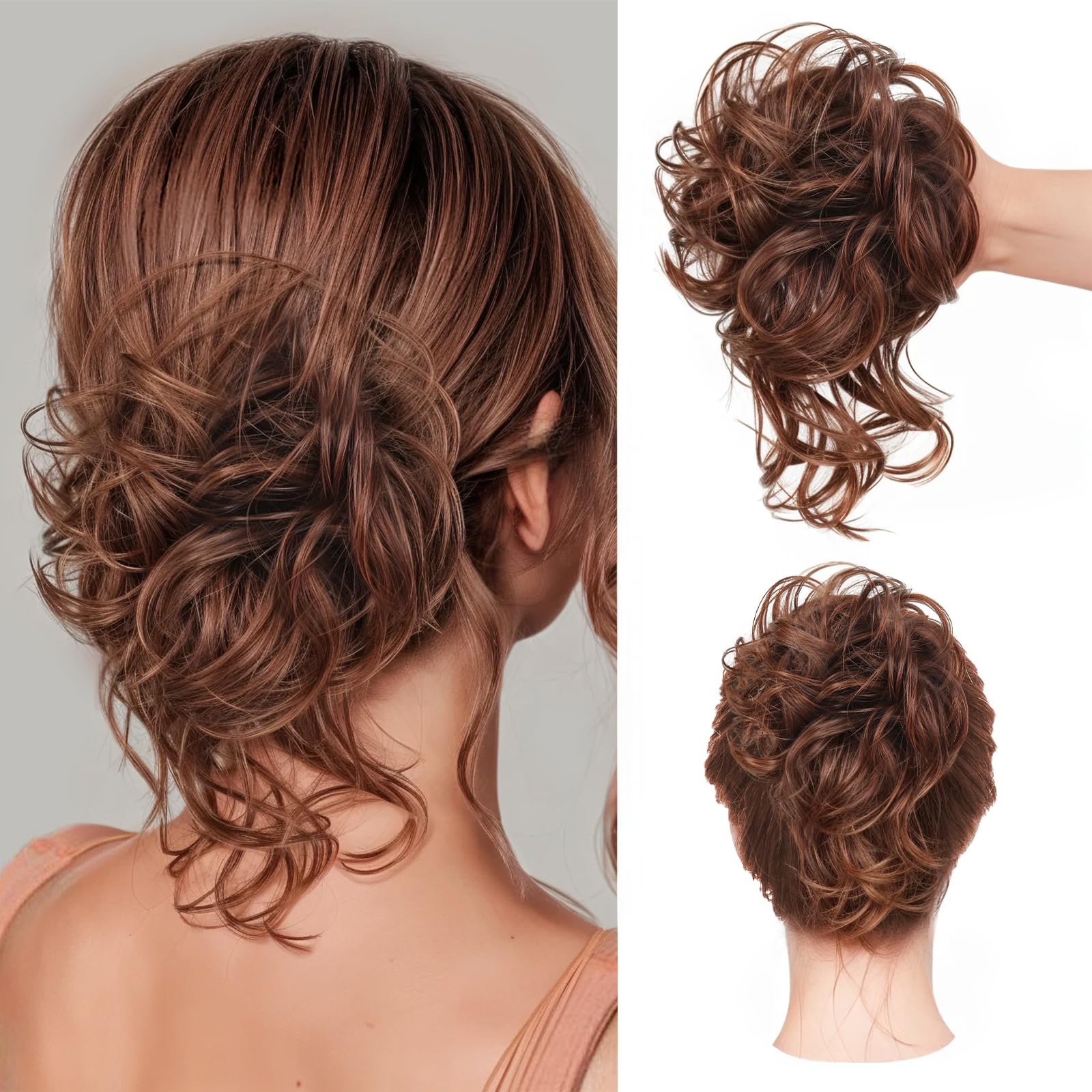 Moño desordenado, moño rizado, ondulado, moño de pelo falso, moño sintético desordenado para mujeres y niñas (marrón)
