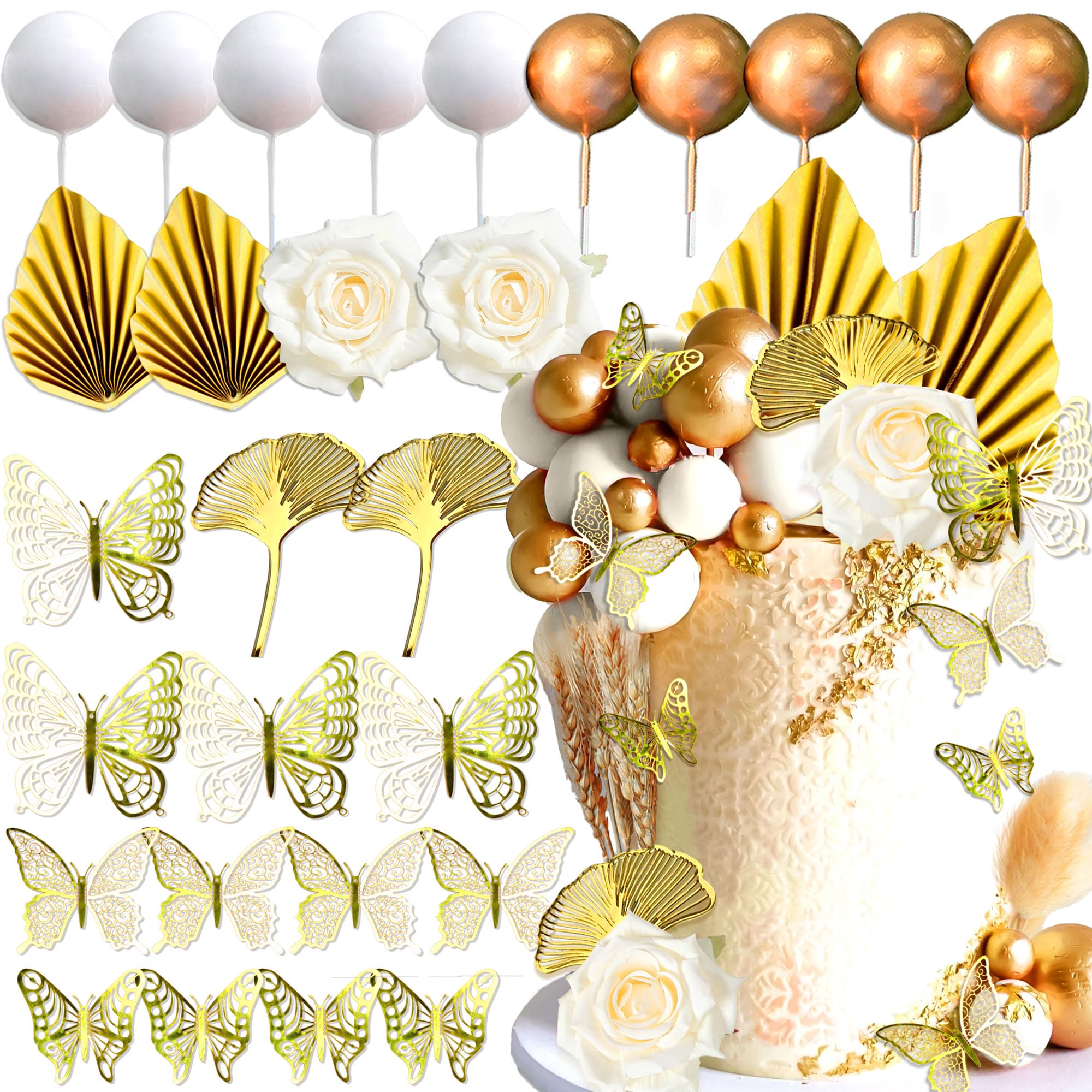 Boho Champagner Tortendeko Gold Kugeln Tortendeko Gold Palmblätter Cake Topper Böhmische Weißgoldkugel für Hochzeit Geburtstag Jubiläum