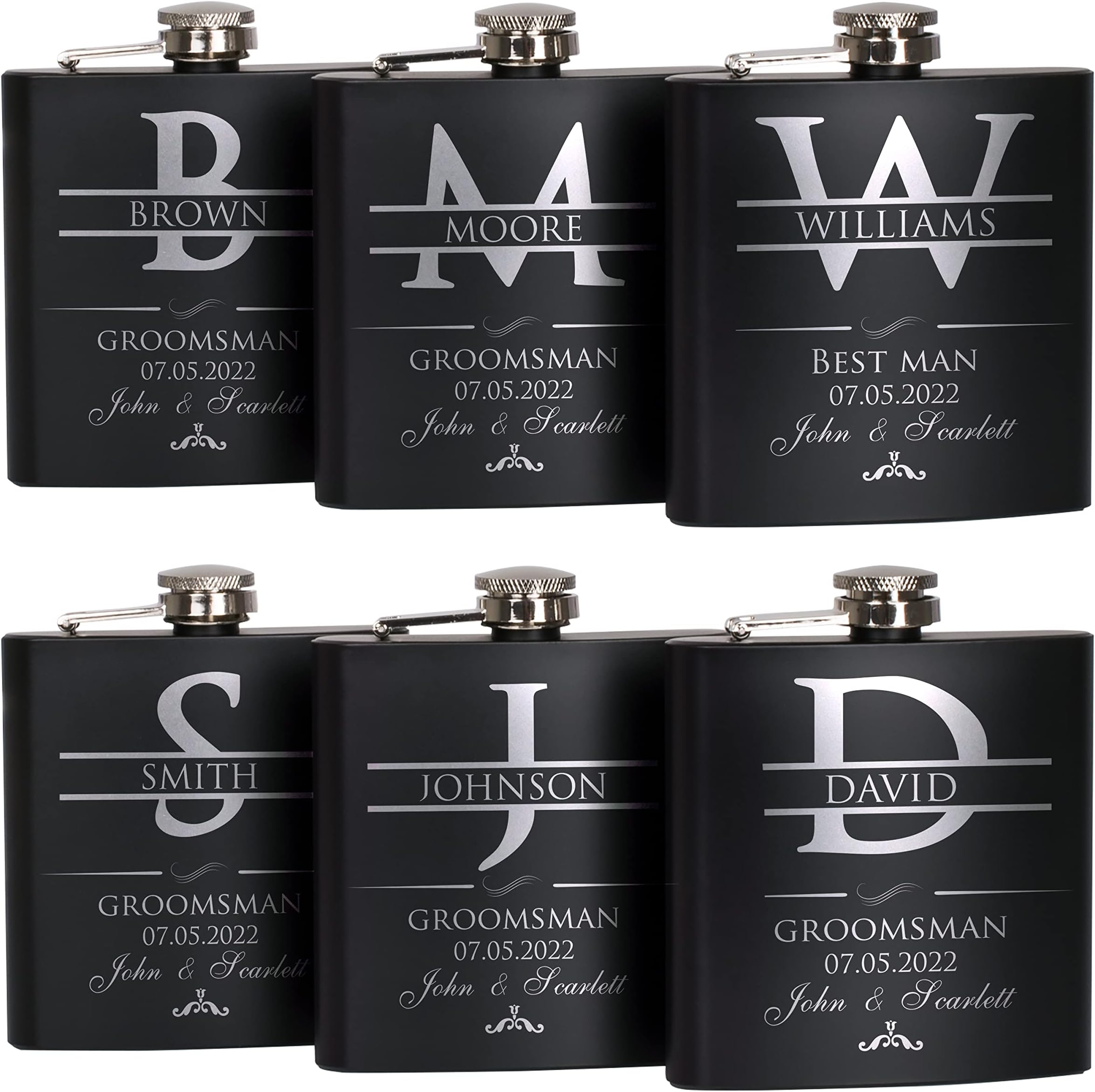 Groomsmen Gifts Set of 6, Personalized Groomsmen Flask Set w Optional Gift Box - Wedding Favor, Engraved 6oz Stainless Steel Flask, Custom Flask Gift Set, Black #2