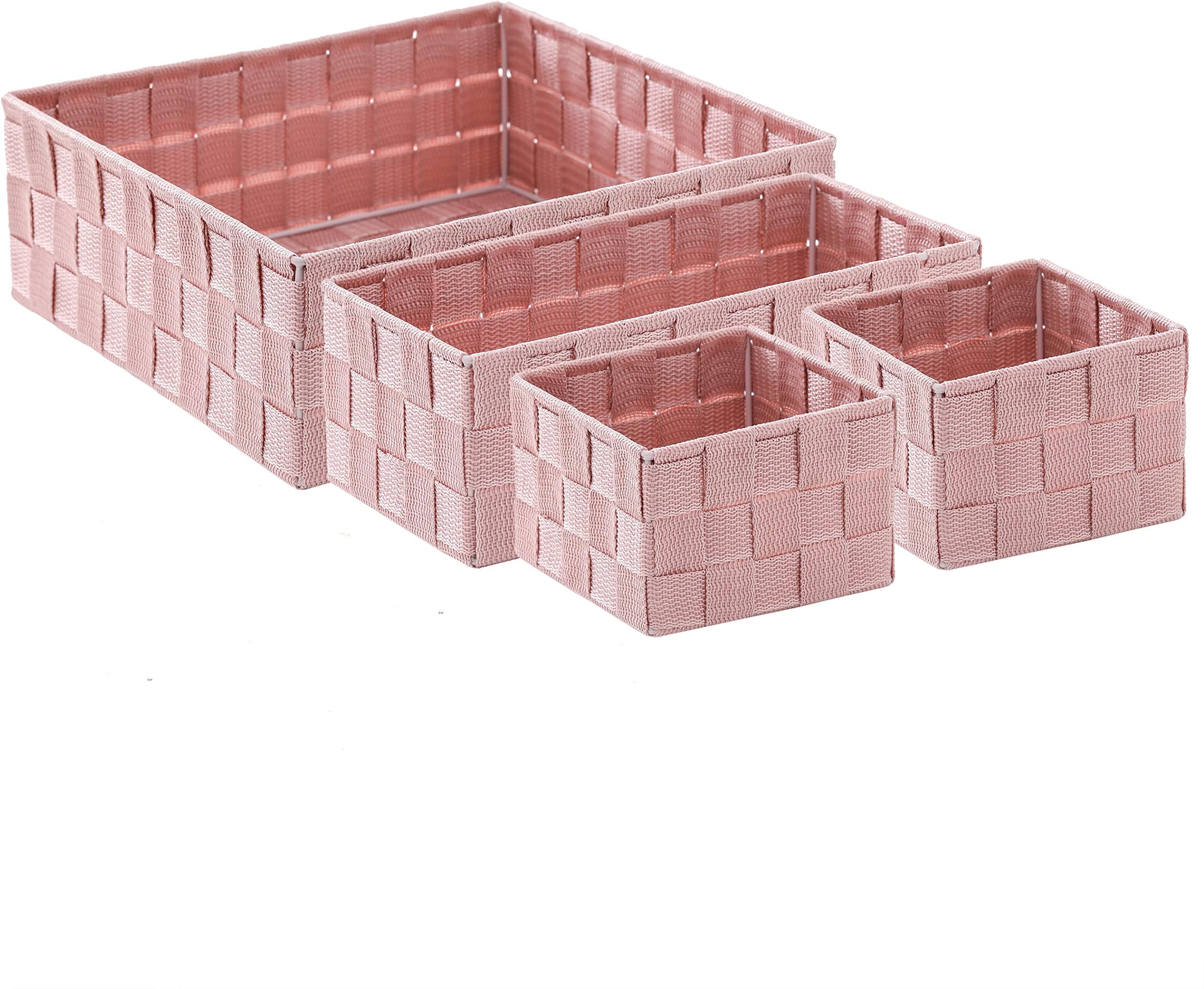 Decorative Woven Strap Set of 4 Nesting Baskets, Bathroom Countertop Storage Bins, Handmade Organization Containers for Home Shelves, Bedroom Cabinets Closets and Kitchen Pantry (Pink)