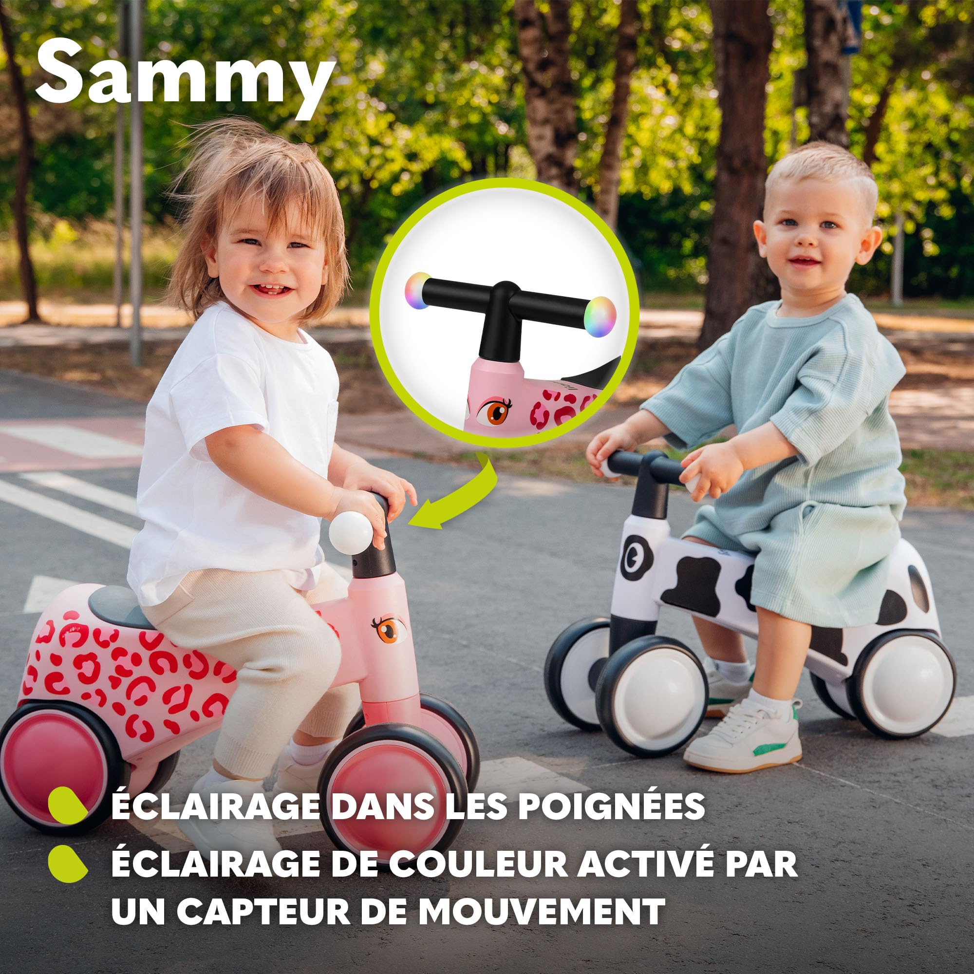 LIONELO Sammy Rider pour Enfants de 1 à 3 Ans, Porteur 4 Roues jusqu'à 25 kg, Poignées Antidérapantes avec Éclairage, Siège Ergonomique 3 Modèles, pour Garçons et Filles (Pink)