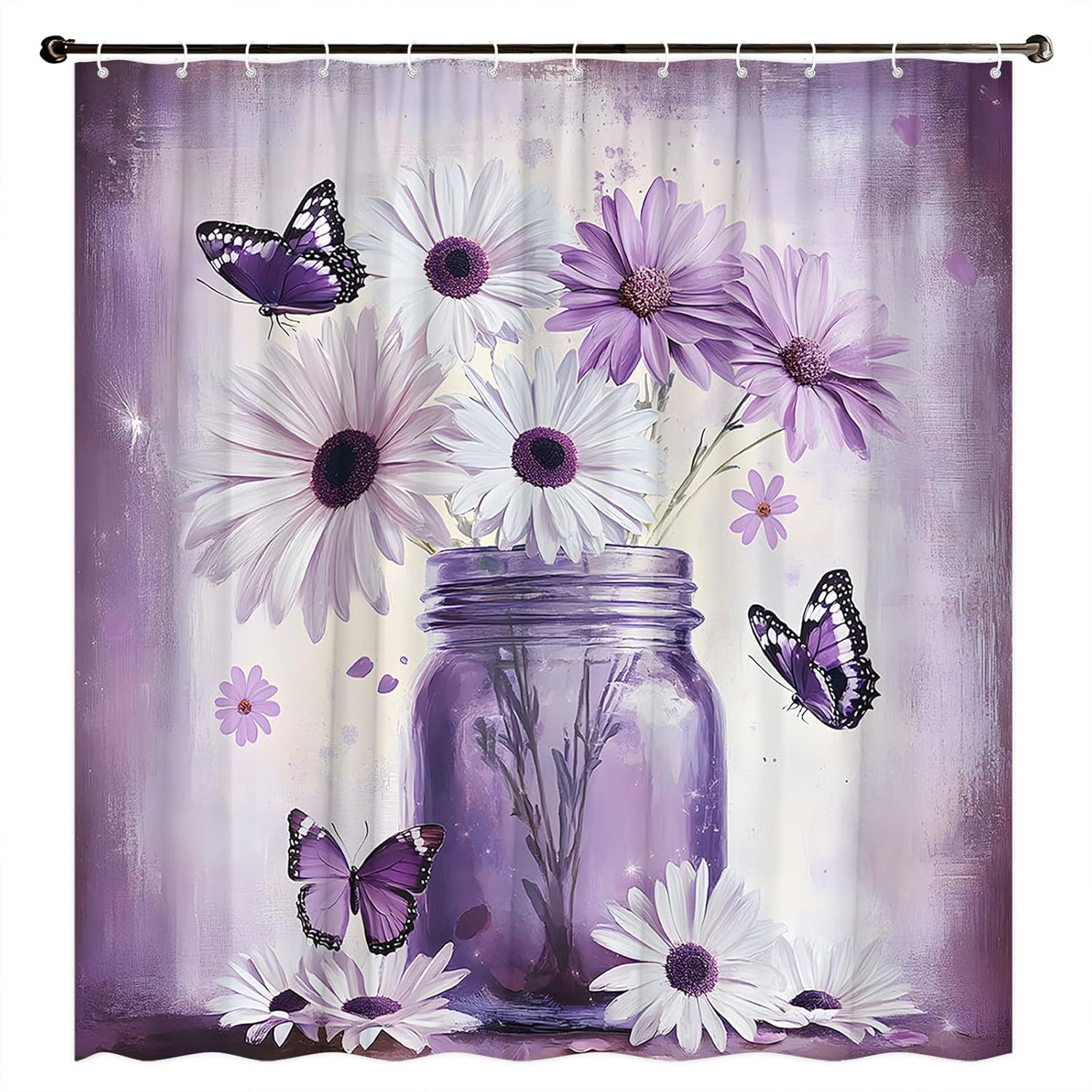 Rustic Farmhouse Floral Shower Curtain Spring Farm Purple Daisy Flowers and Butterfly with Purple Glass Bottle Country Violet Grey Farmhouse Nature Polyester Fabric Bathroom Decora Curtain