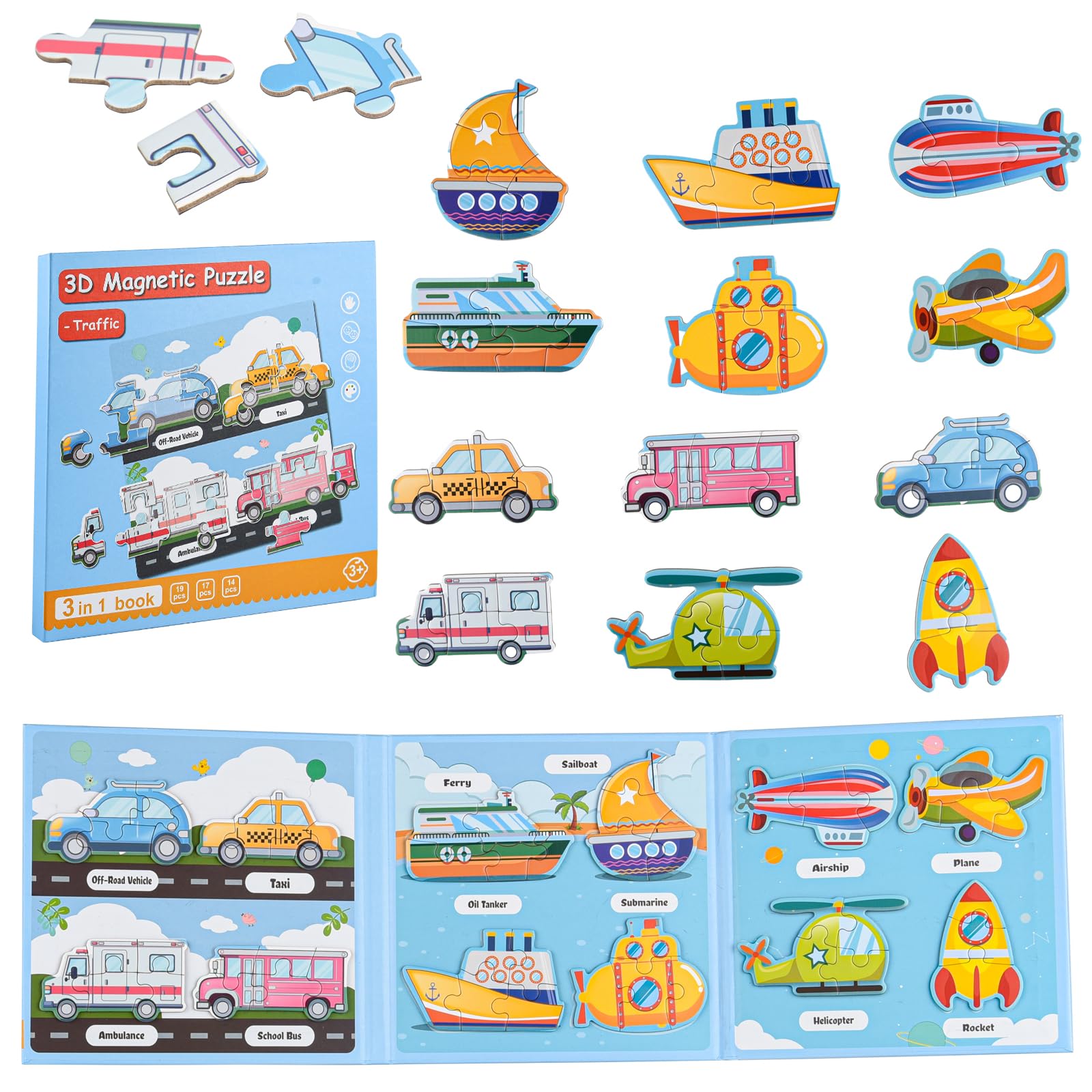 ASTARON 3D Magnetic Puzzle with 60 Puffy Stickers for Toddlers, 51 Pieces 3-in-1 Traffic Puzzles Preschool Education Learning Travel Toys Car Plane