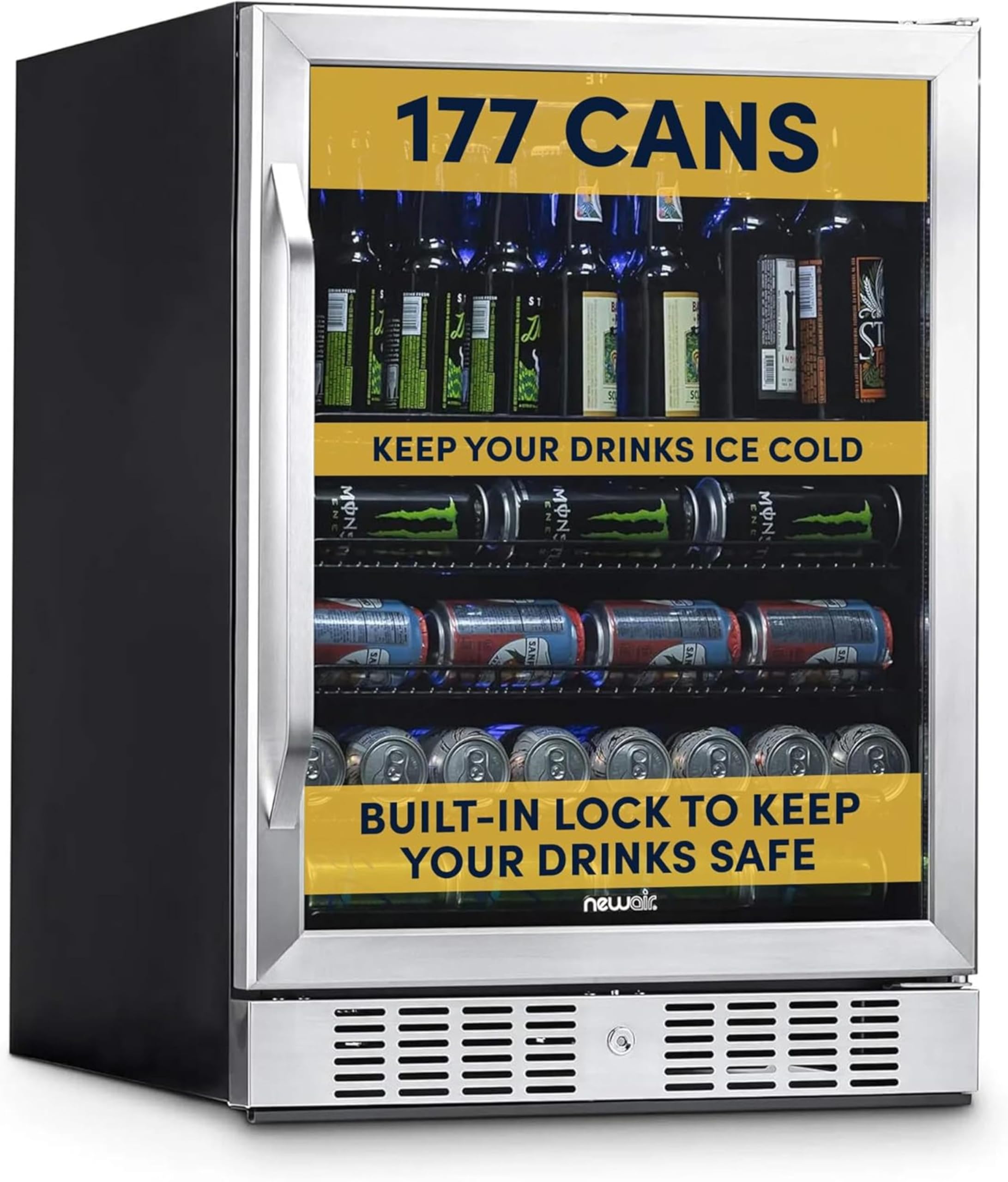 NewAir Beverage Refrigerator with Glass Door | 177 Can Mini Fridge for Bedroom, Dorm, Office, or Gaming Setup | Soda, Beer, and Wine Cooler | Stainless Steel