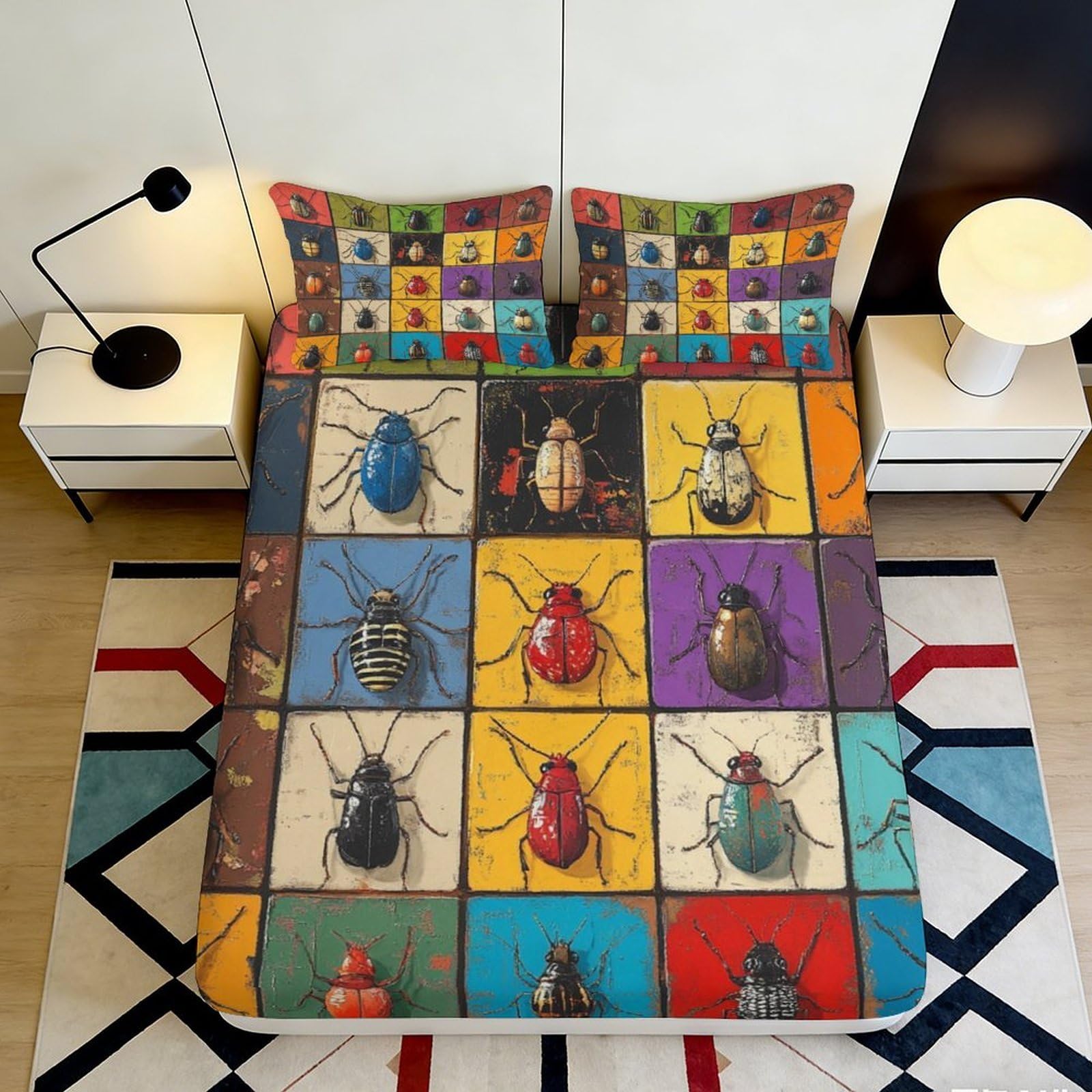 3D Printed Colorful Beetle Fitted Sheet Microfiber Soft Insect Art Bed Cover for Bedroom Dorm Mattress Protection 120x200x25cm