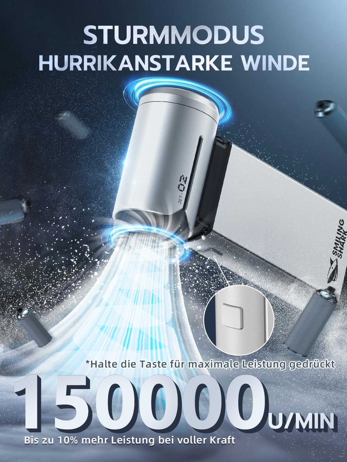Smiling Shark Elektrische Staubgebläse Luftdruckspray, J02 Superkraft 150000U/Min aus Aluminum Mini-Gebläse mit 2 Modi (Normal&Sturm) und 8000mAh Akku, Turbo Handventilator für Kühlung/PC/BBQ/Auto