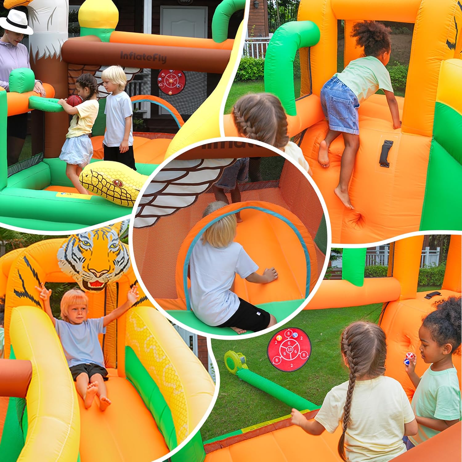 Bounce House, Kids Bounce House with Slide, Inflatable Bouncer Castle with Blower, Basketball Hoop & Toss Game for Garden Parties Outdoor Indoor Play Bounce House for Kids 3-8