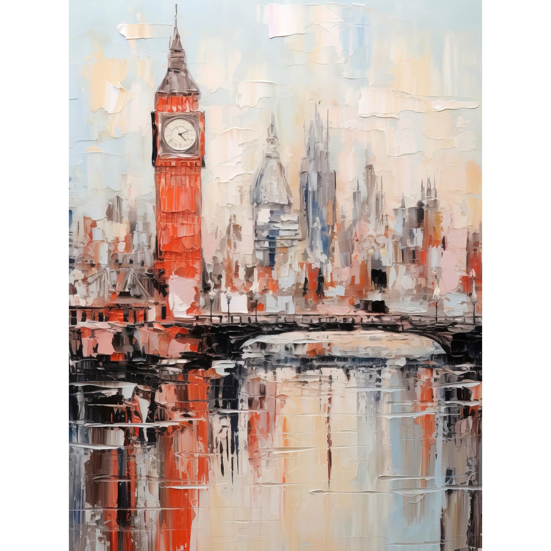 Artery8 London Skyline Abstract Oil Painting Thick Paint Red Big Ben River Thames Westminster Bridge England City Extra Large XL Wall Art Poster Print