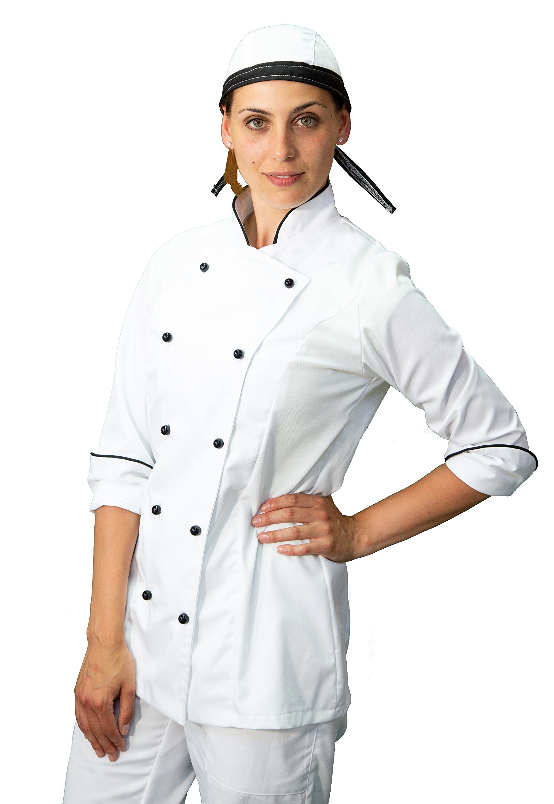 Ricamo Gratuito - Completo Cuoco da Cucina - Bianco e Nero - Divisa Chef Donna - Pantalone, Giacca e Grembiule - Made in Italy