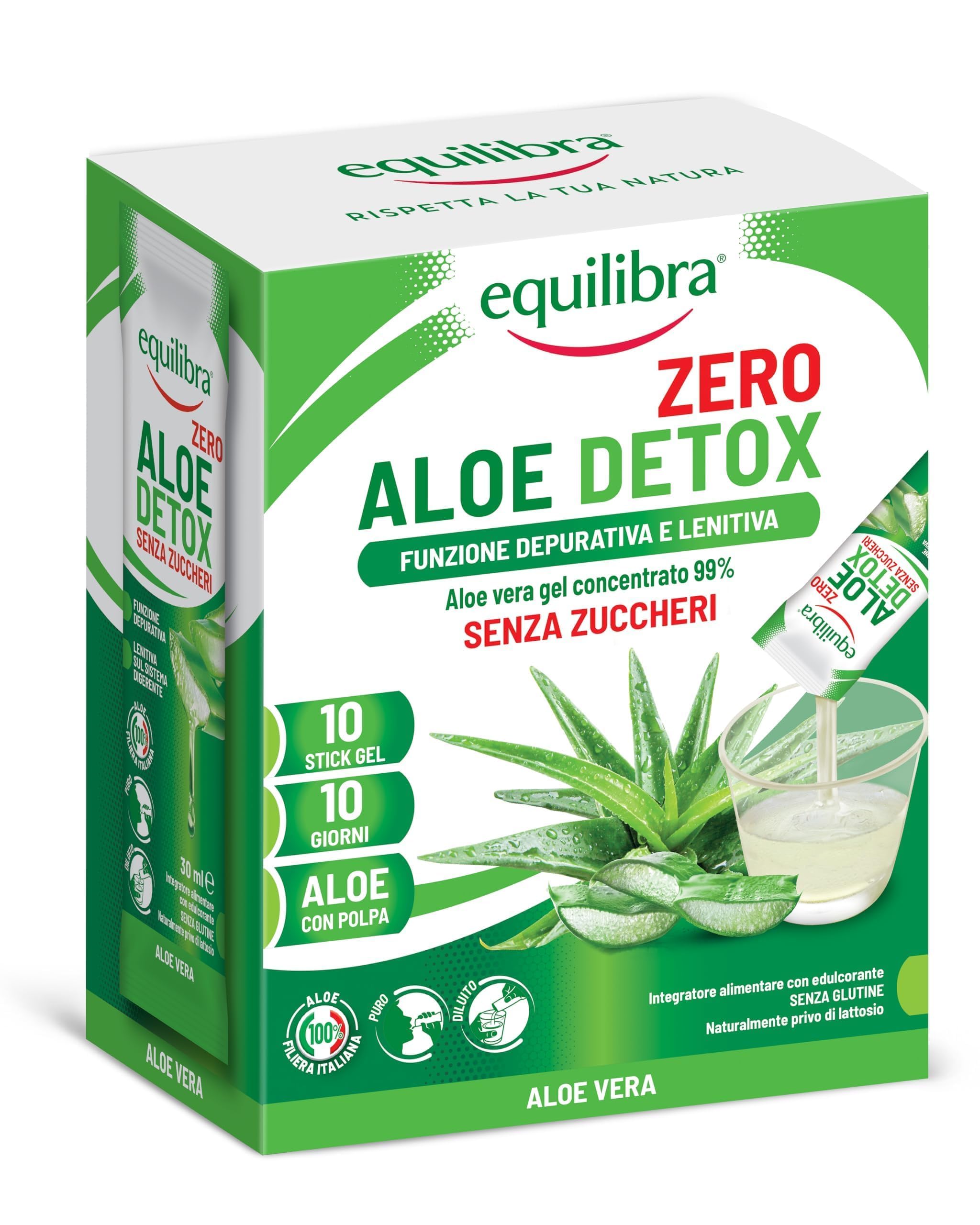 Equilibra Aloe Detox Zero, Gel Concentrato 99%, 10 Stick da 30 ml