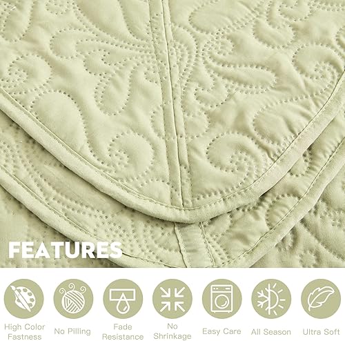 Miniatura 5 de Colcha extragrande tamaño King, funda de cama ligera ultrasónica, patrón de cachemira, reversible, 5 piezas, 100% microfibra, verde salvia