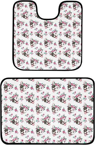 Divertido bulldog francés con flores rosas impresas, absorbentes, peludas, juego de 2 alfombrillas de baño de microfibra antideslizante en forma de
