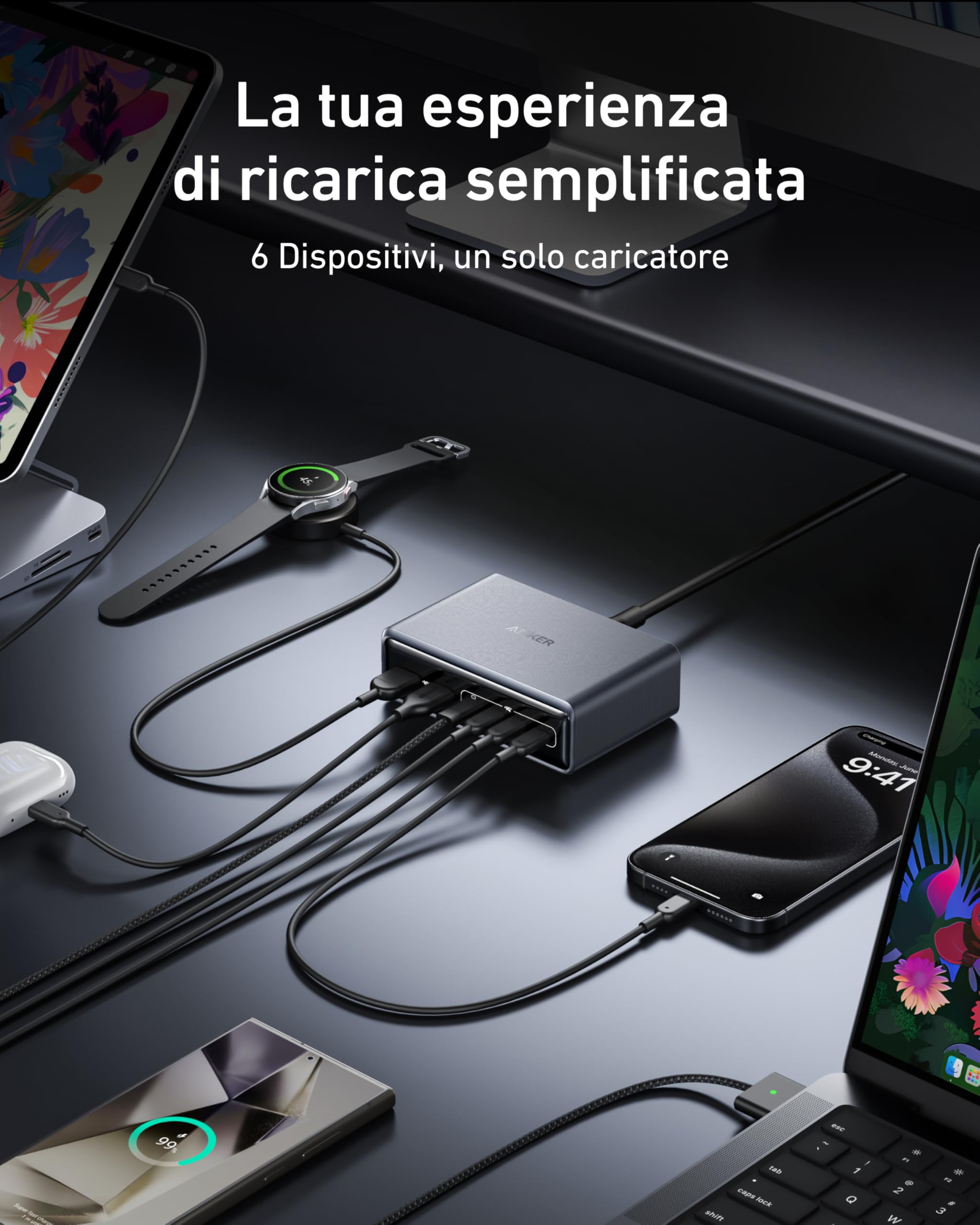 Anker Caricatore USB C Prime, Stazione di Ricarica da scrivania GaN a 6 Porte da 200W, Ricarica Rapida USB C PD, Compatibile con MacBook, iPad Pro/Air, iPhone 17/16/15/14, Galaxy.